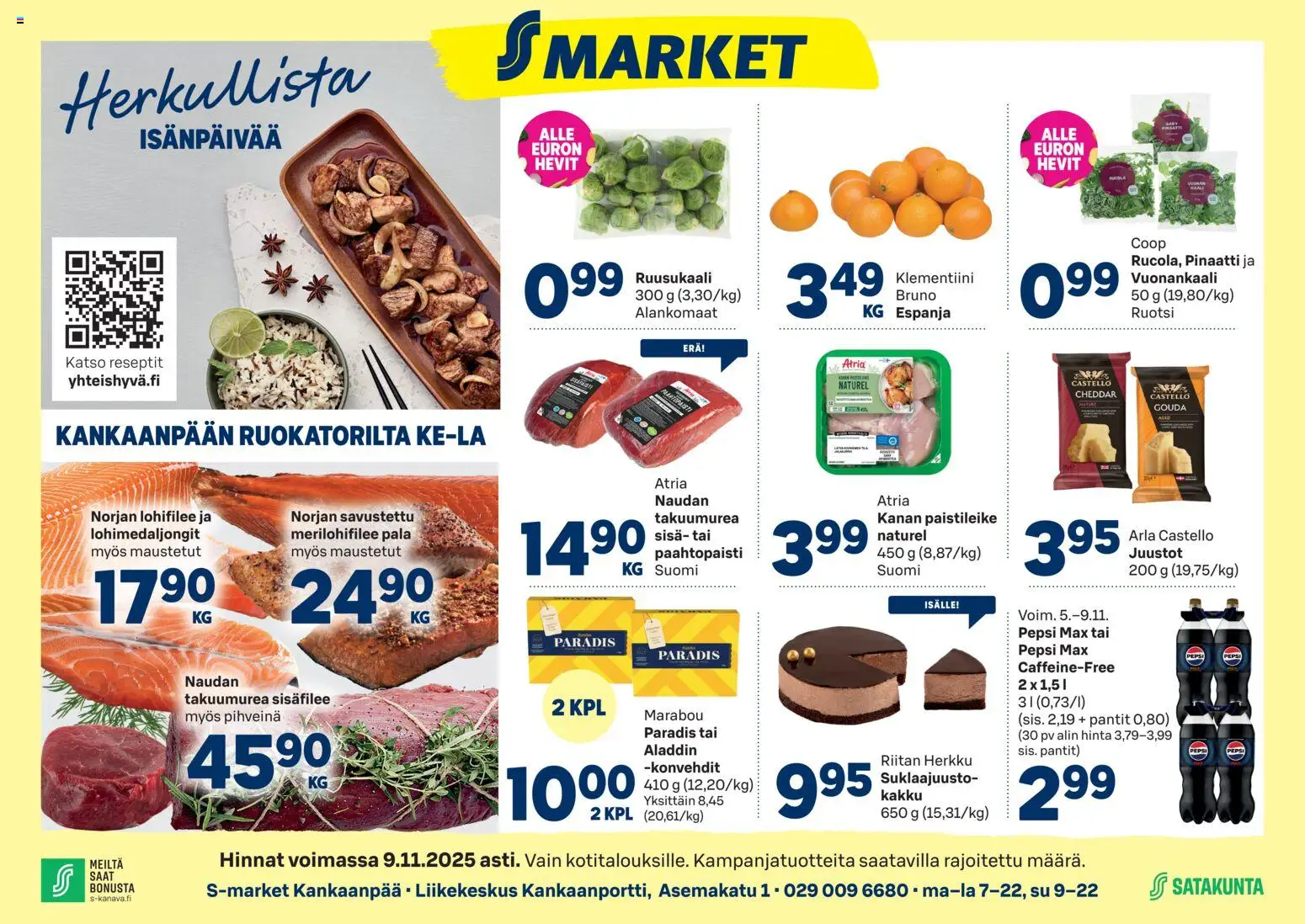 S-market Kankaanpää – voimassa 05.11.2025 alkaen | Sivu: 1 | Tuotteet: Pampers, Klementiini, Pepsi, Pinaatti