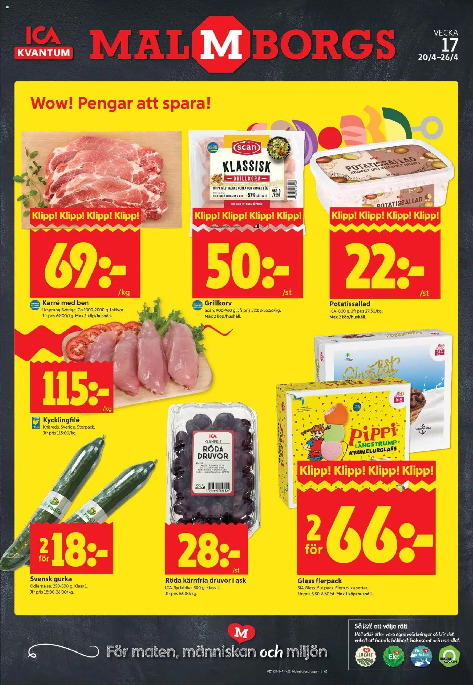 ICA Kvantum reklamblad aktuell från 20.04.2026 | Sida: 1 | Produkter: Kycklingfile, Grillkorv, Rostad lök, Glass