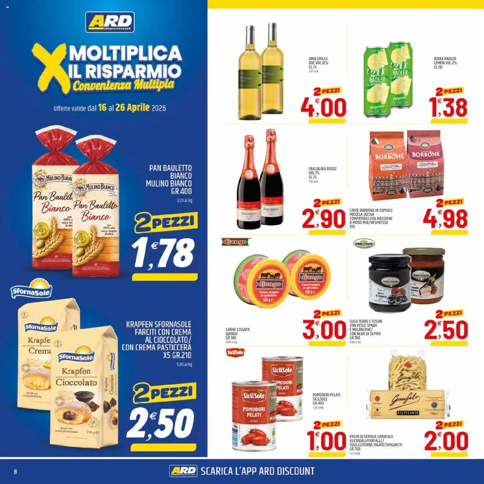 Volantino ARD Discount del 16.04.2026 | Pagina: 8 | Prodotti: Crema, Cioccolato, Birra, Pomodori