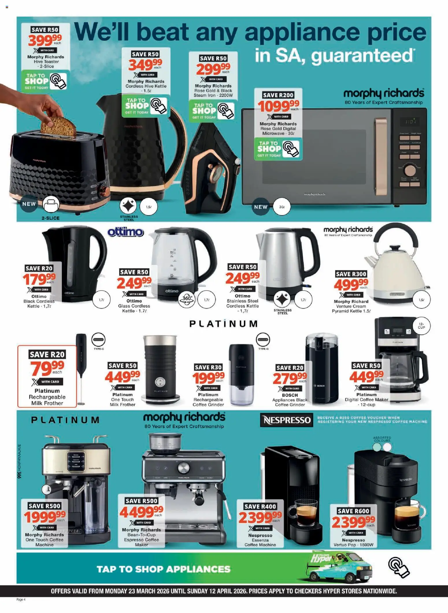 New Checkers catalogue – valid from 23.03.2026 | Page: 4 | Products: Iron, Grinder, Toaster, Milk frother