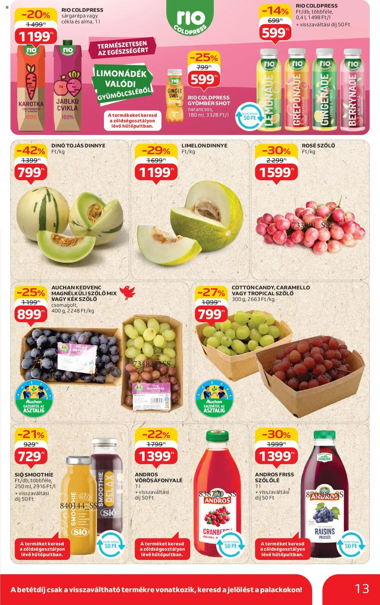 Auchan akciós ujság - amely érvényes a következő dátumtól: 07.08.2025 | Oldal: 13 | Termékek: Szőlő, Gyömbér shot, Tojás, Narancs