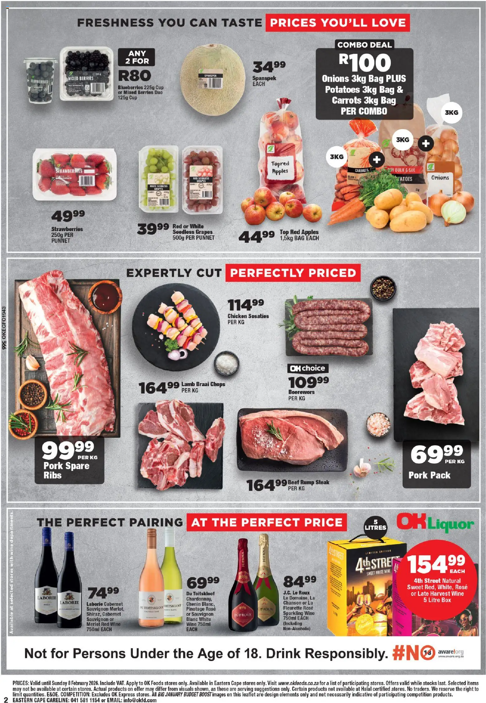 New OK Foods catalogue – valid from 21.01.2026 | Page: 2 | Products: Steak, Boerewors, Box, Apples