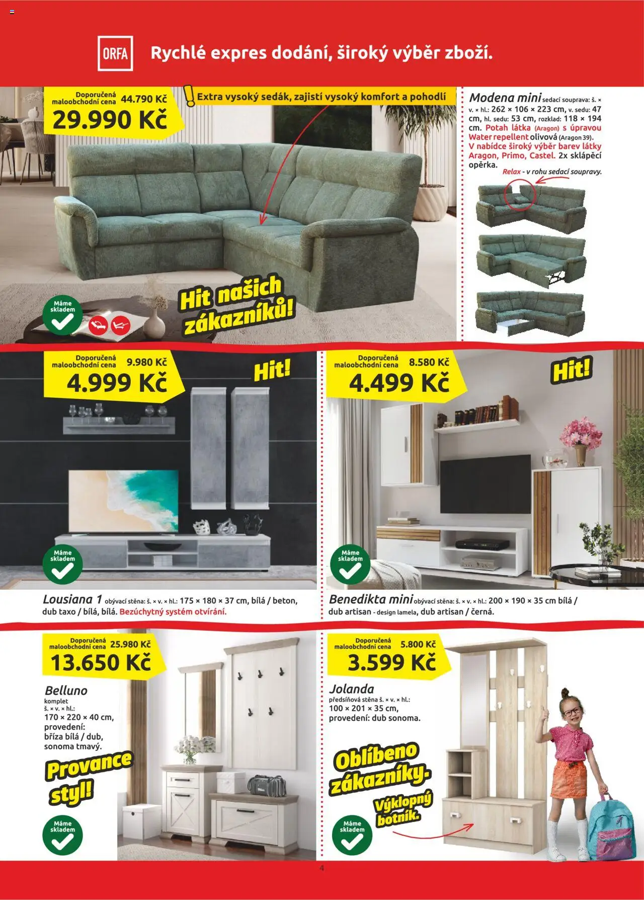ORFA nábytek leták od 01.07.2025 | Strana: 4 | Produkty: Sedací souprava, Předsíňová stěna, Obývací stěna