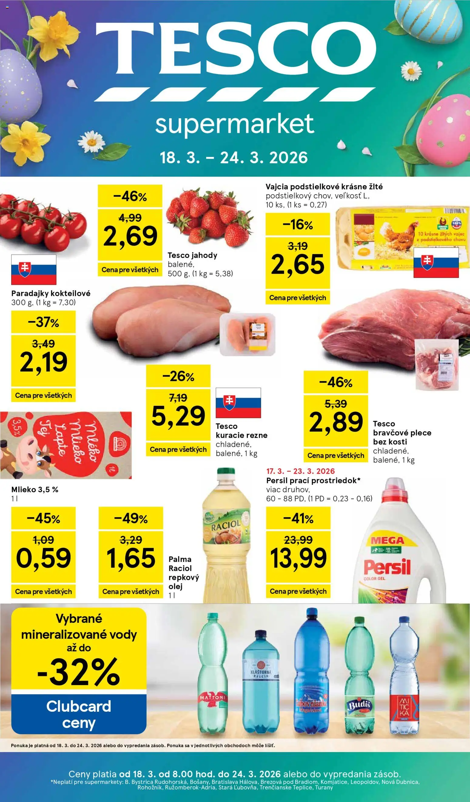 Nové Tesco akcie – leták je platný od 18.03.2026 | Strana: 1 | Produkty: Vajcia, Paradajky, Jahody, Mattoni