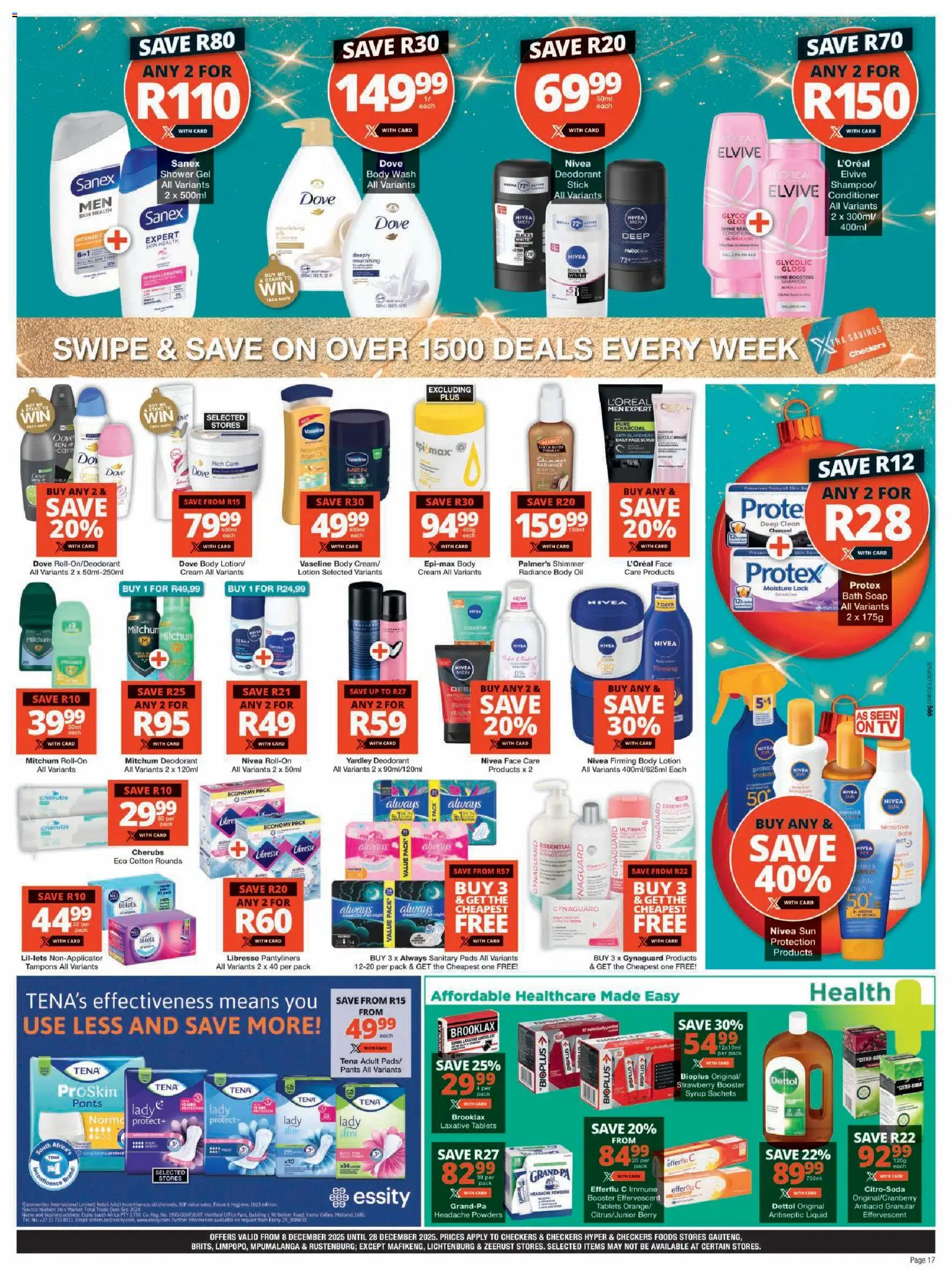 New Checkers catalogue – valid from 08.12.2025 | Page: 17 | Products: Lock, Conditioner, Soap, Shower gel