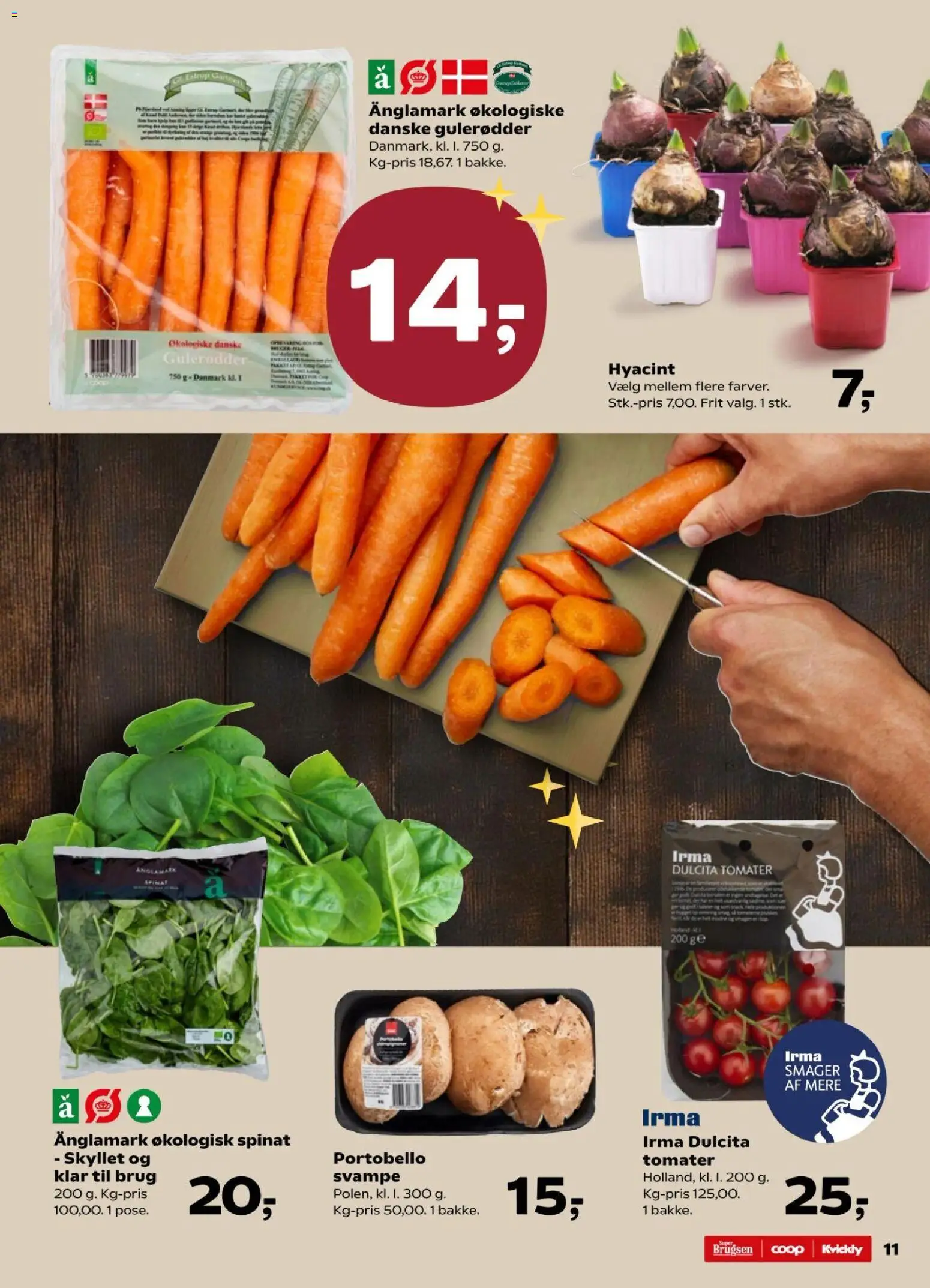 Super Brugsen tilbudsavis – gyldig fra 14.11.2025 | Side: 11 | Produkter: Svampe, Tomater, Gulerødder, Spinat