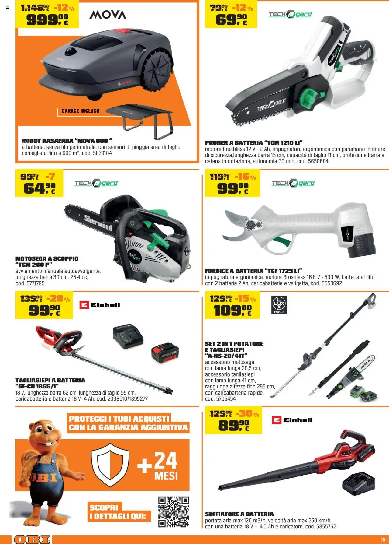 Volantino OBI del 02.10.2025 | Pagina: 15 | Prodotti: Tagliasiepi, Motosega, Forbice, Robot