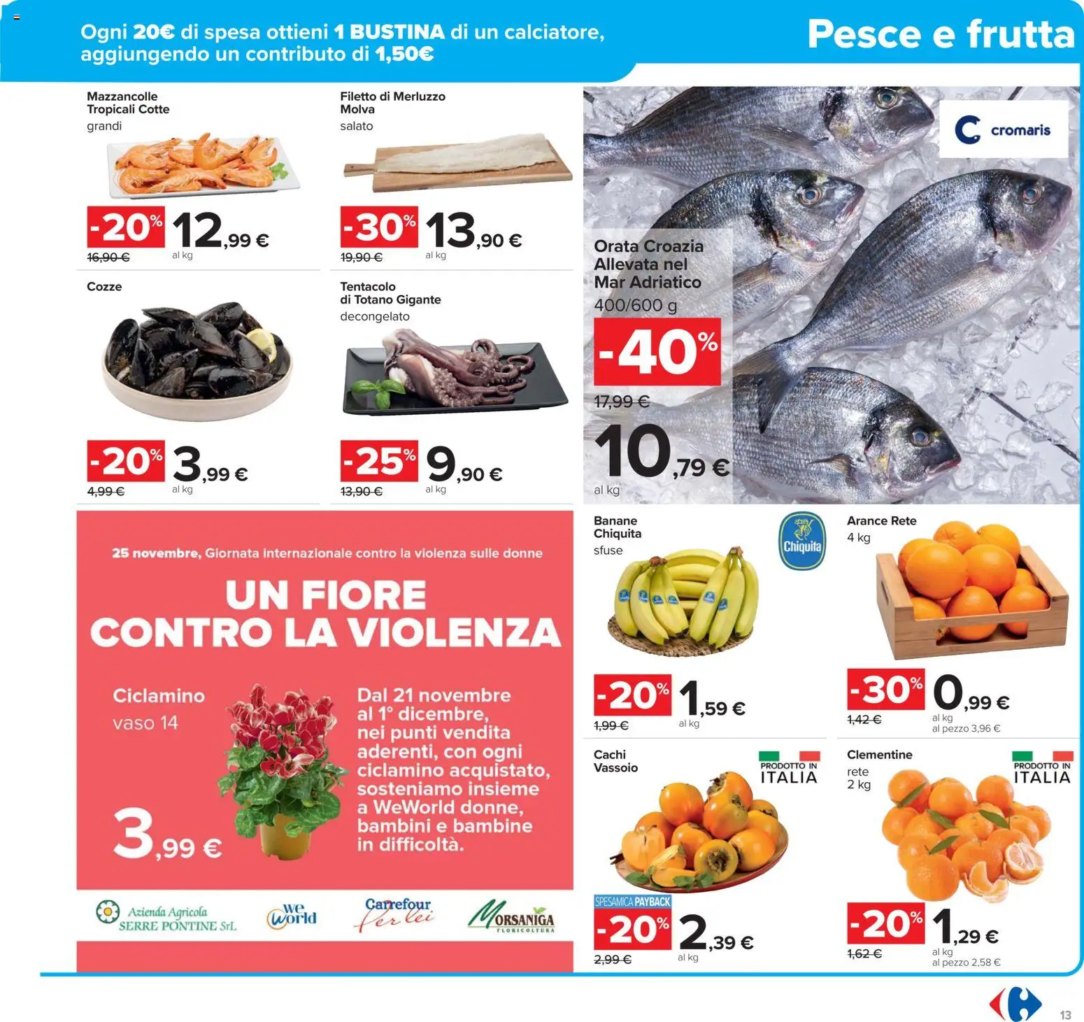 Volantino Carrefour del 17.11.2025 | Pagina: 13 | Prodotti: Banane, Pesce, Mazzancolle, Orata
