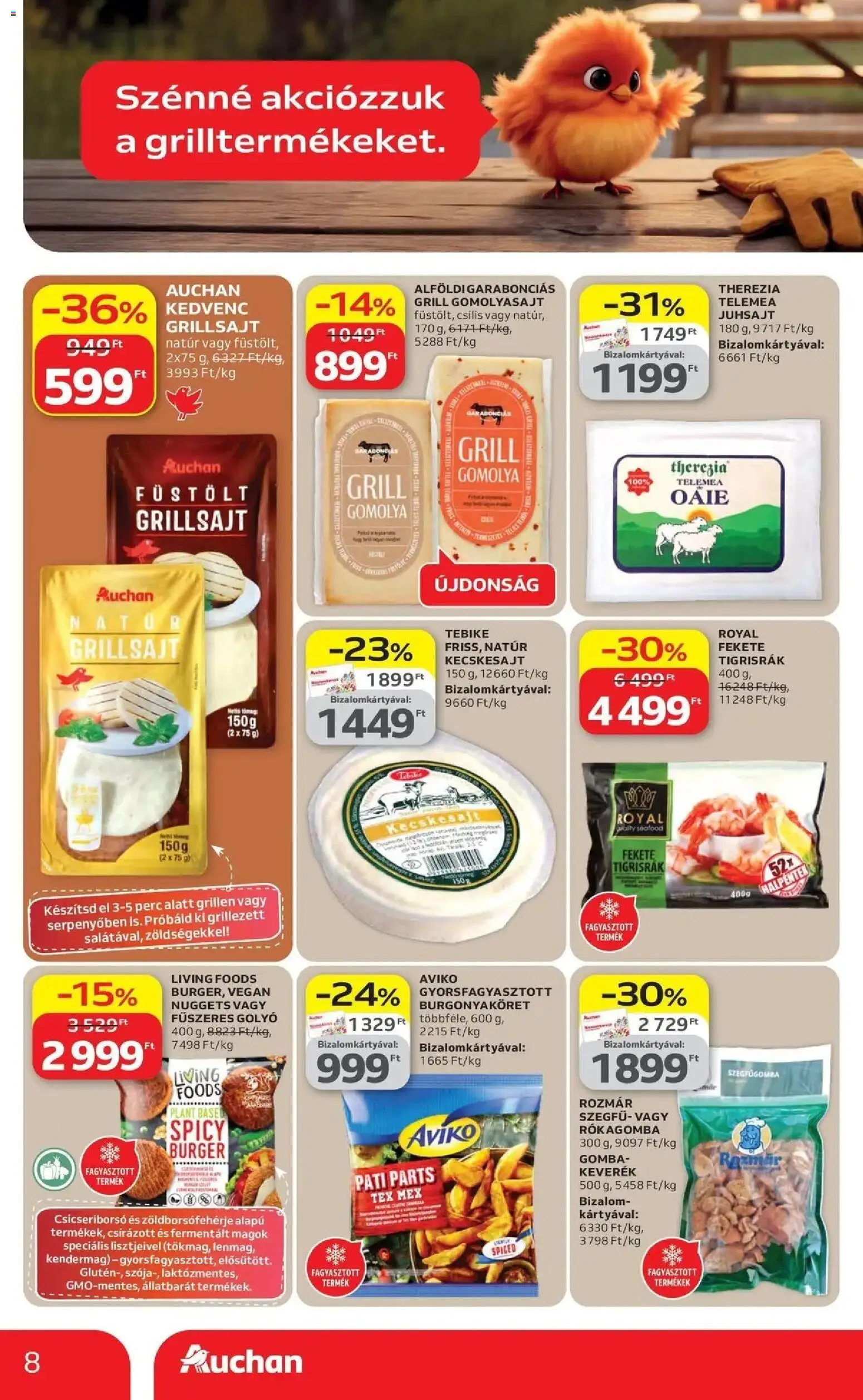 Auchan akciós ujság - amely érvényes a következő dátumtól: 16.04.2026 | Oldal: 8 | Termékek: Grillsajt, Gomba, Nuggets, Juhsajt