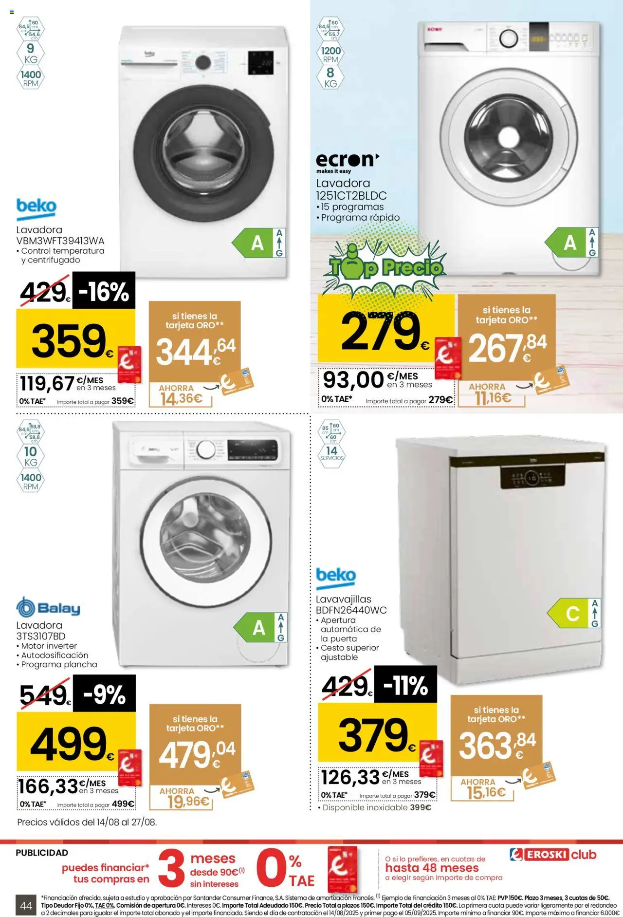 Eroski - Para conquistarte │ válido desde el 14.08.2025 | Página: 44 | Productos: Lavadora, Lavavajillas, Plancha