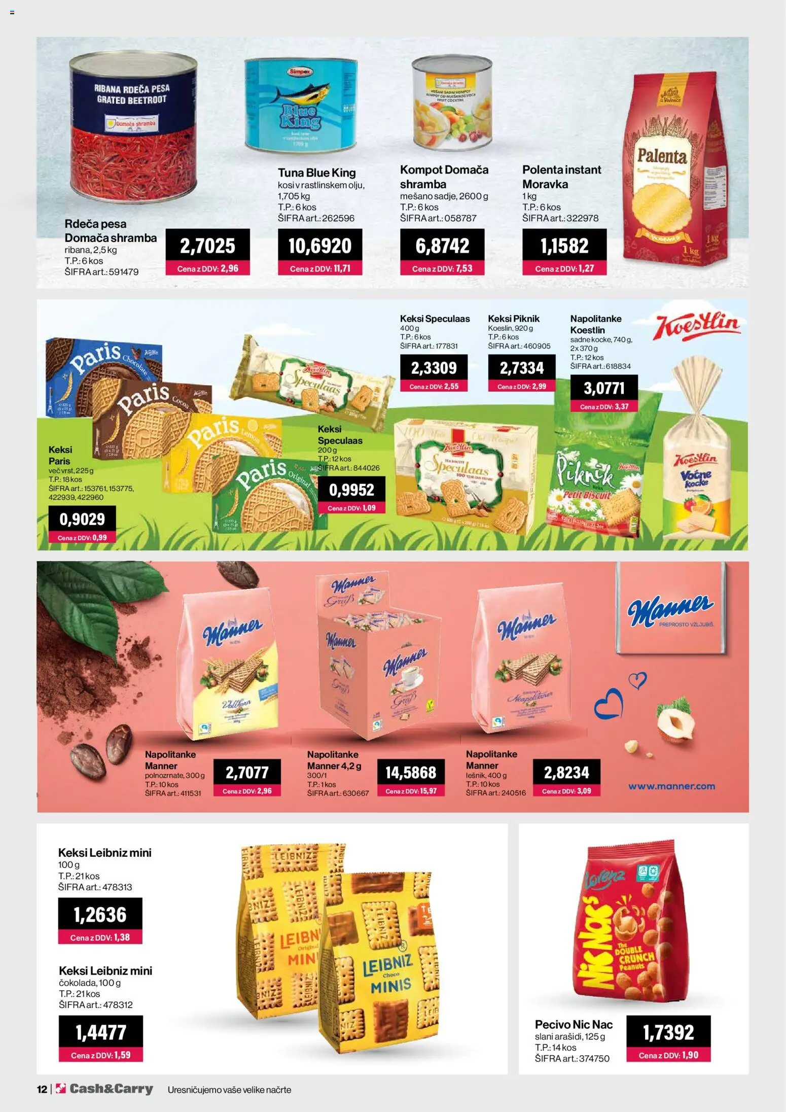 Novi Mercator katalog ponudbe – veljaven od 01.04.2026 | Stran: 12 | Izdelki: Napolitanke, Keksi, Tuna, Kos