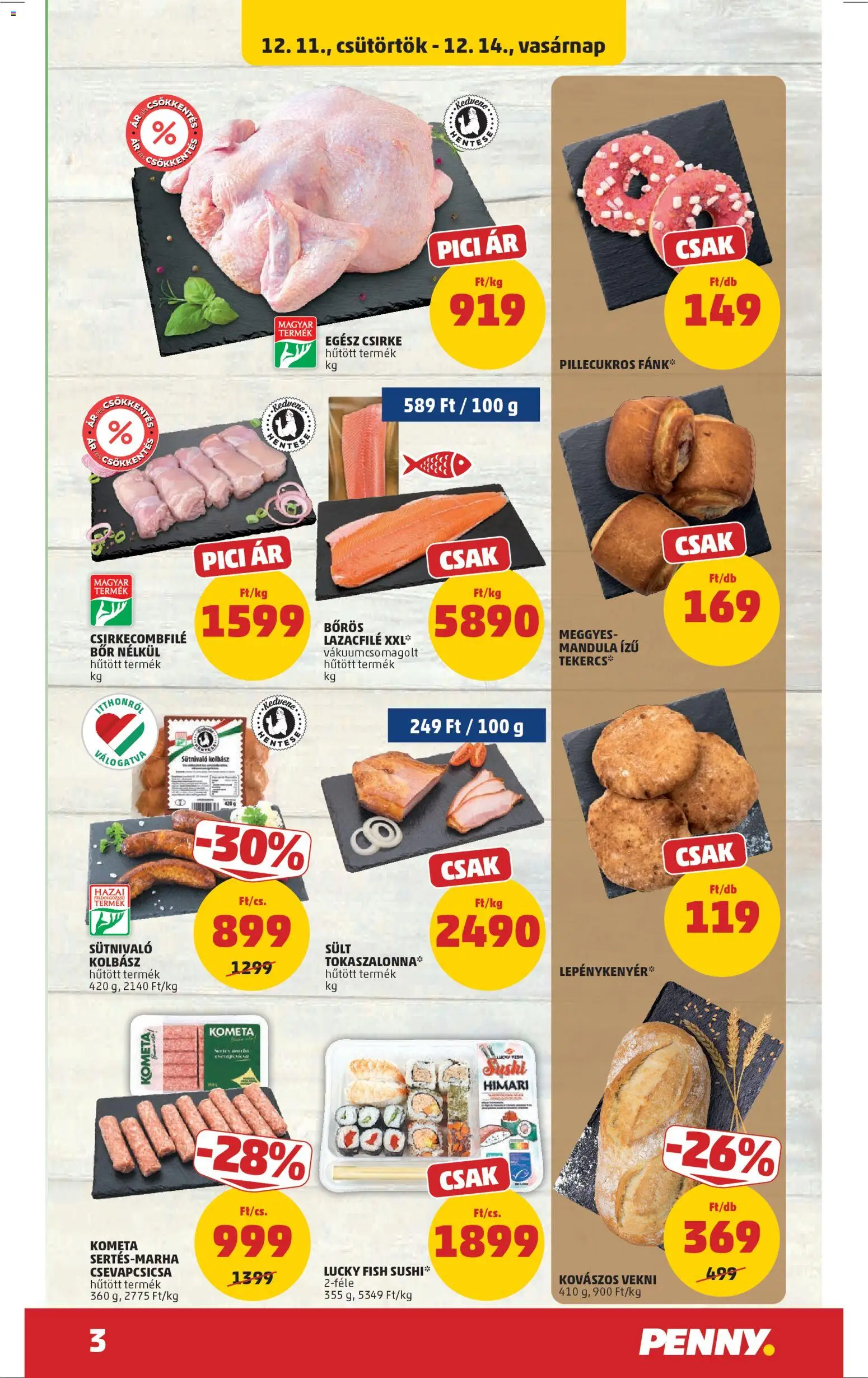 PENNY akciós ujság - amely érvényes a következő dátumtól: 11.12.2025 | Oldal: 3 | Termékek: Fánk, Lazacfilé, Tokaszalonna, Bacon