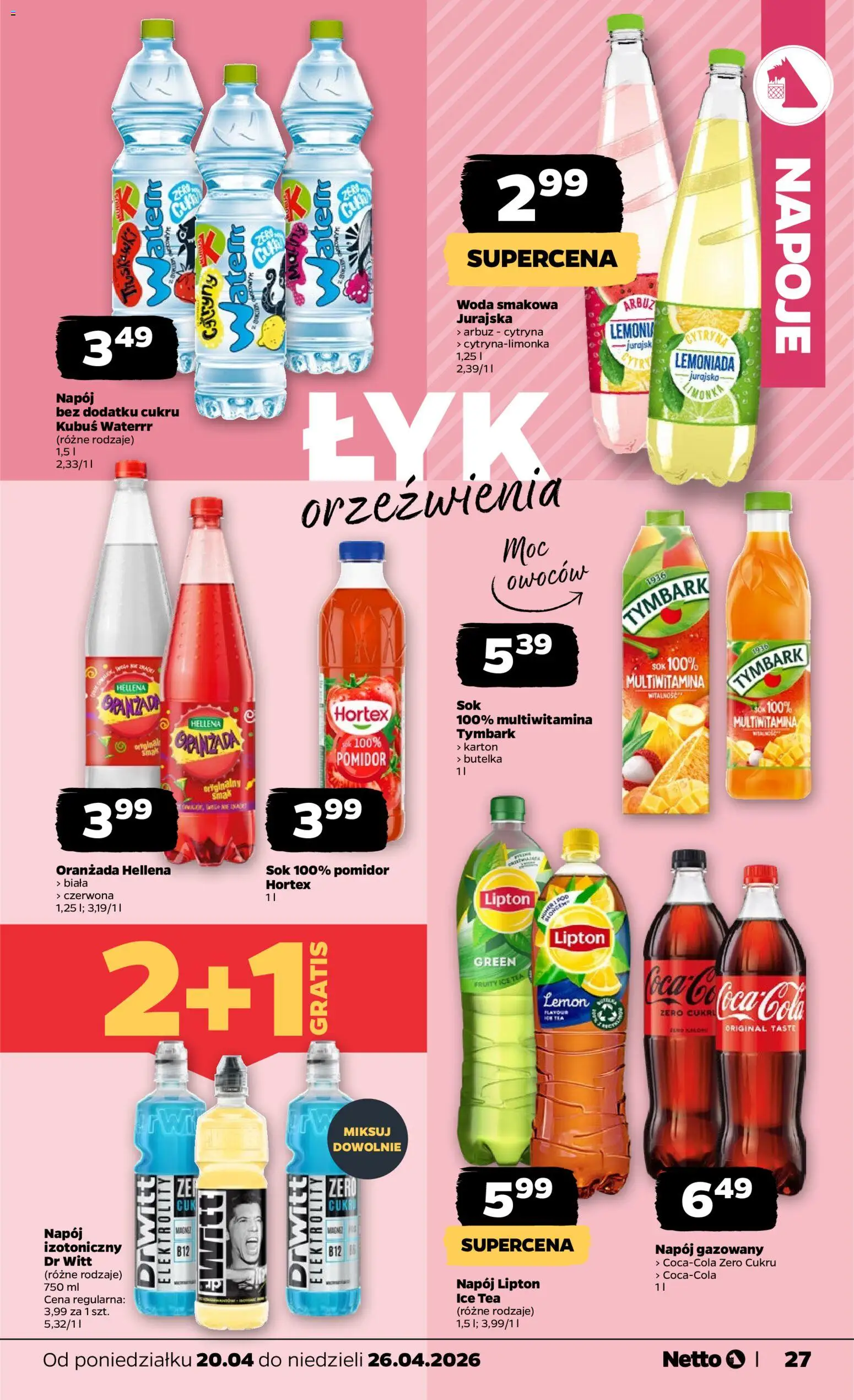 Netto gazetka od poniedziałku spożywcza od 20.04.2026 | Strona: 27 | Produkty: Ice Tea, Napoje, Oranżada hellena, Woda