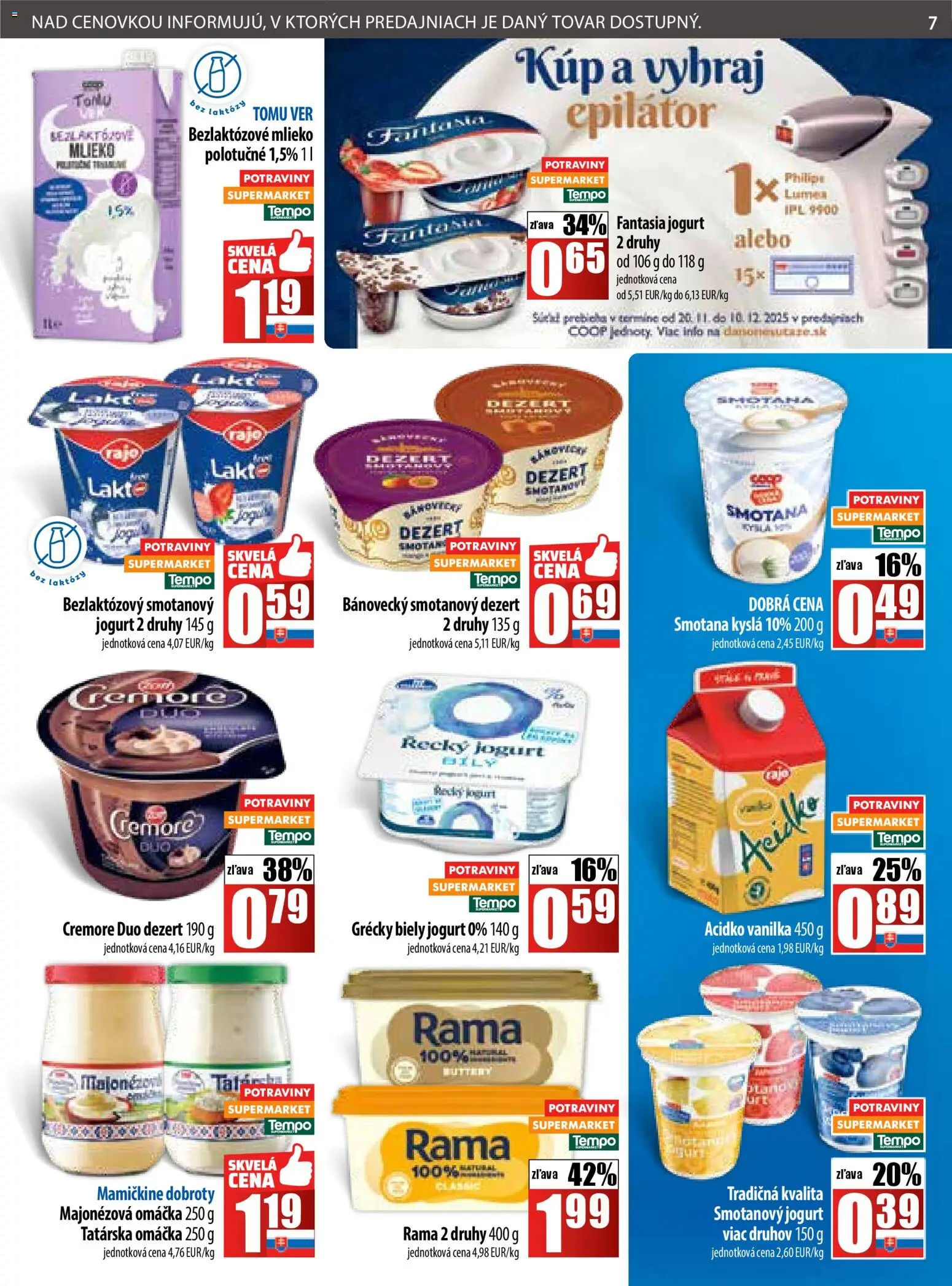 Nové COOP Jednota akcie – leták je platný od 20.11.2025 | Strana: 7 | Produkty: Mlieko, Smotana, Tatárska omáčka, Bezlaktózové mlieko