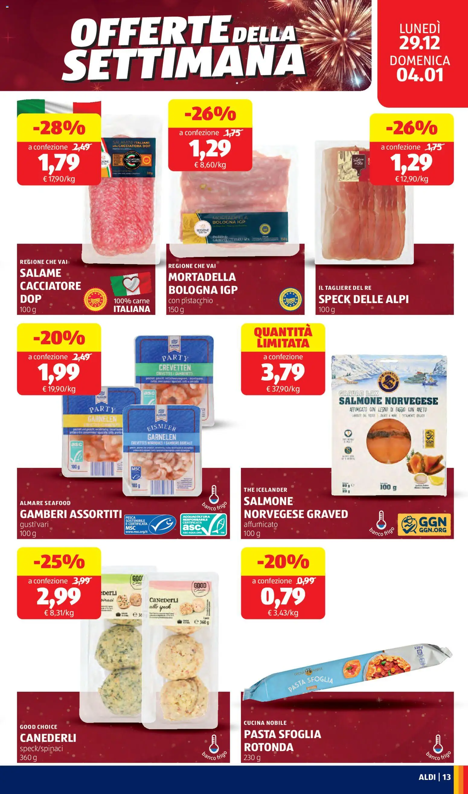 Volantino Aldi del 29.12.2025 | Pagina: 13 | Prodotti: Salmone, Pesca, Aneto, Mortadella