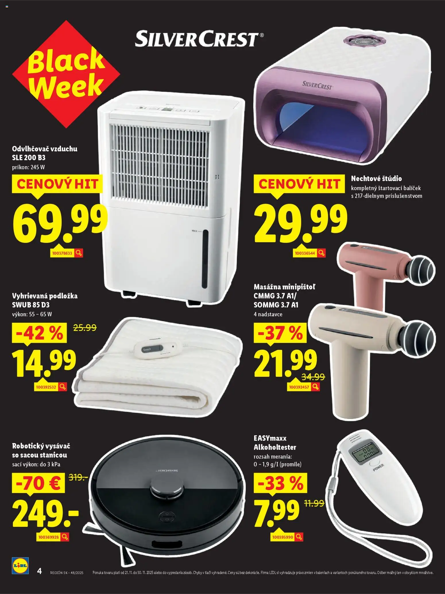 Nové Lidl akcie – leták je platný od 21.11.2025 | Strana: 4 | Produkty: Odvlhčovač vzduchu, Odvlhčovač, Robotický vysávač, Vysávač