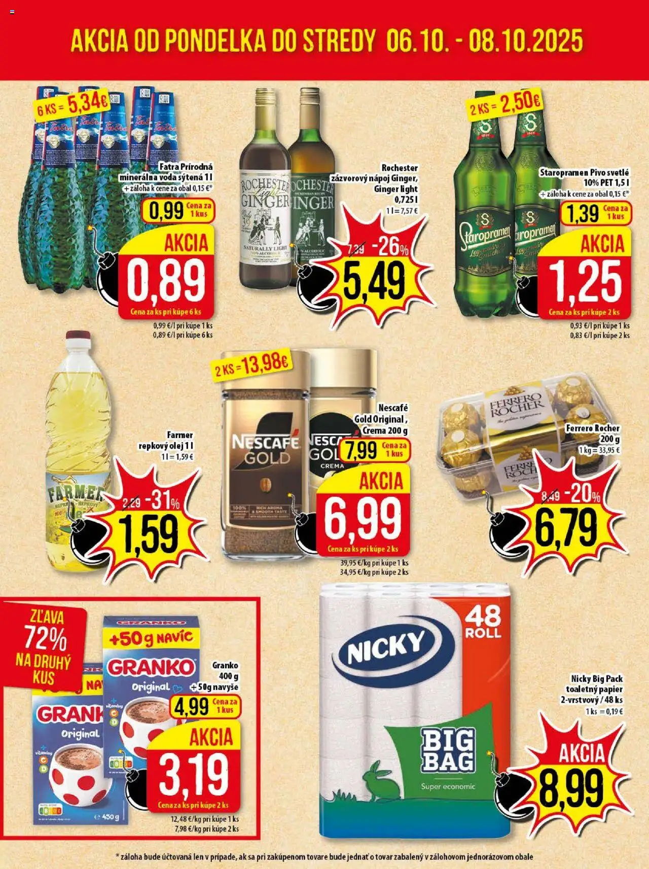 Nové Klas akcie – leták je platný od 06.10.2025 | Strana: 3 | Produkty: Toaletný papier, Staropramen, Voda, Ferrero Rocher