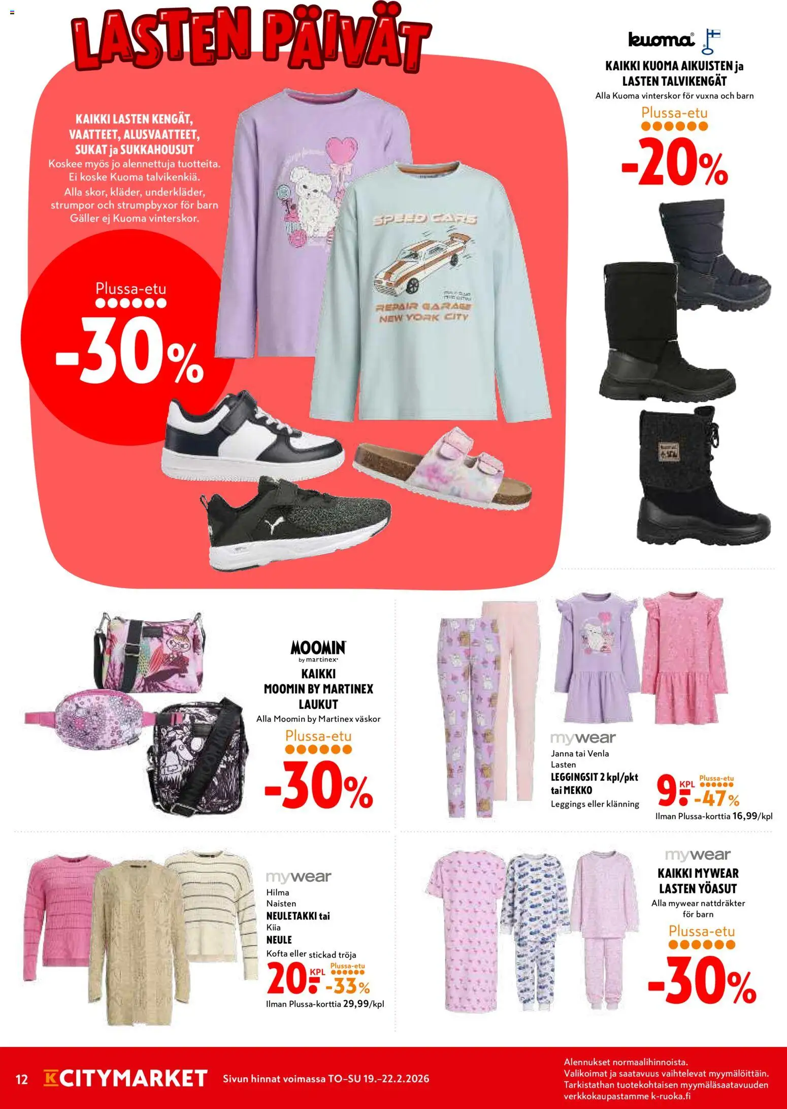 K-Citymarket tarjoukset – voimassa 19.02.2026 alkaen | Sivu: 12 | Tuotteet: Neuletakki, Sukat, Leggingsit, Neule