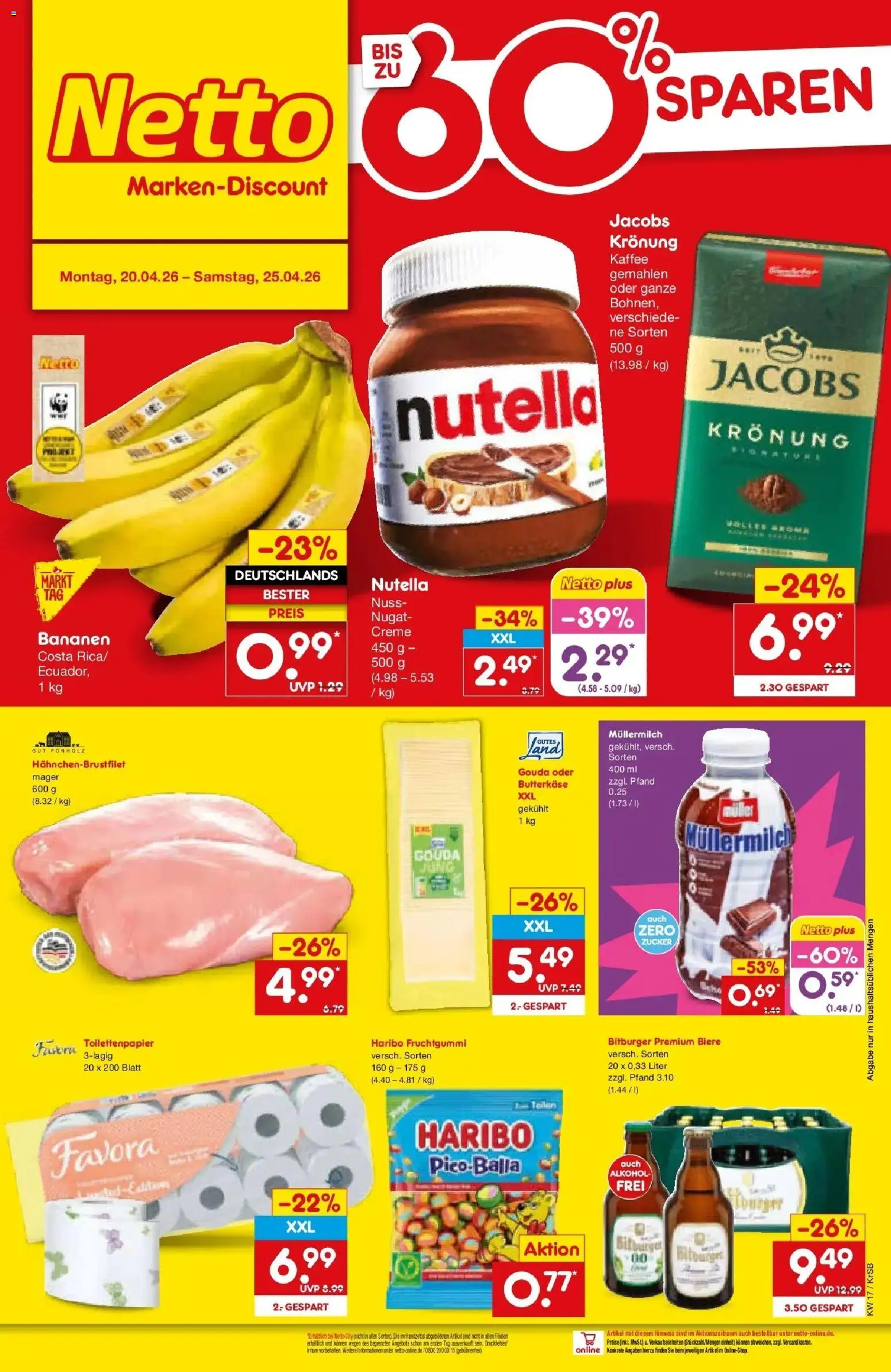 Netto Marken-Discount Prospekt Jüchen	 – gültig ab 20.04.2026 | Seite: 28 | Produkte: Bitburger, Bananen, Zucker, Müllermilch