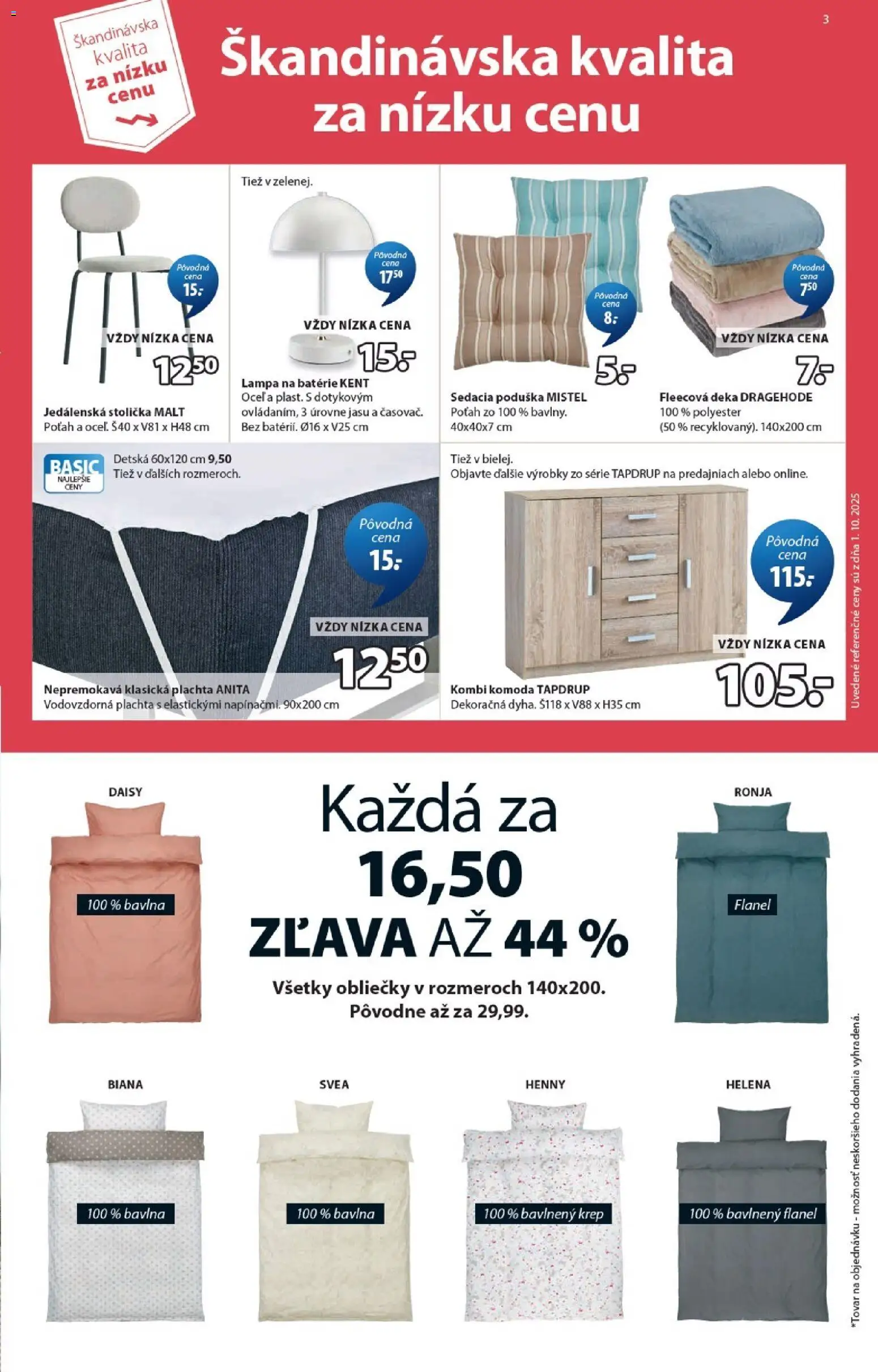 Nové JYSK akcie – leták je platný od 17.12.2025 | Strana: 3 | Produkty: Plachta, Obliečky, Jedálenská stolička, Lampa