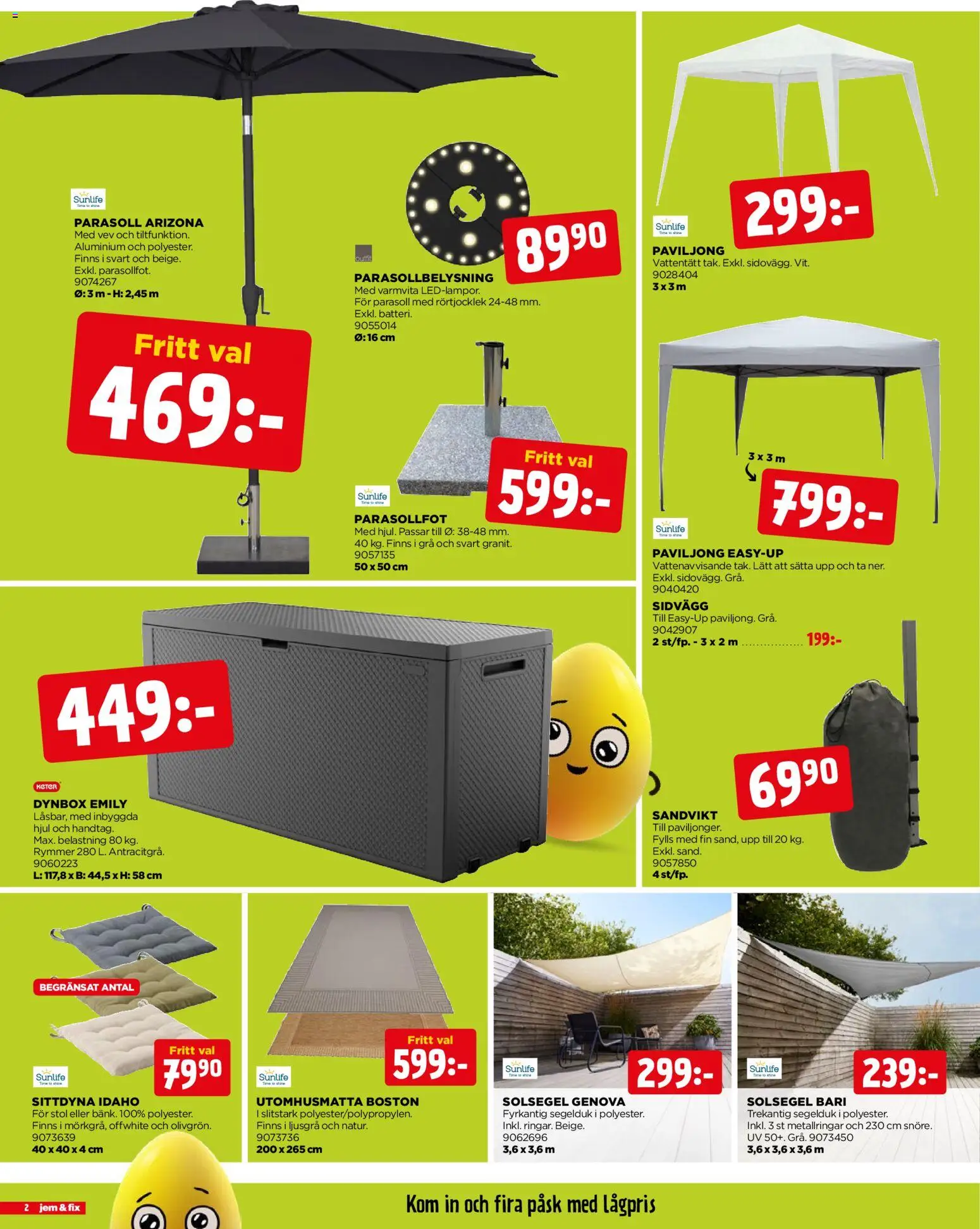 Jem & Fix reklamblad aktuell från 30.03.2026 | Sida: 2 | Produkter: Parasoll, Utomhusmatta, Stol