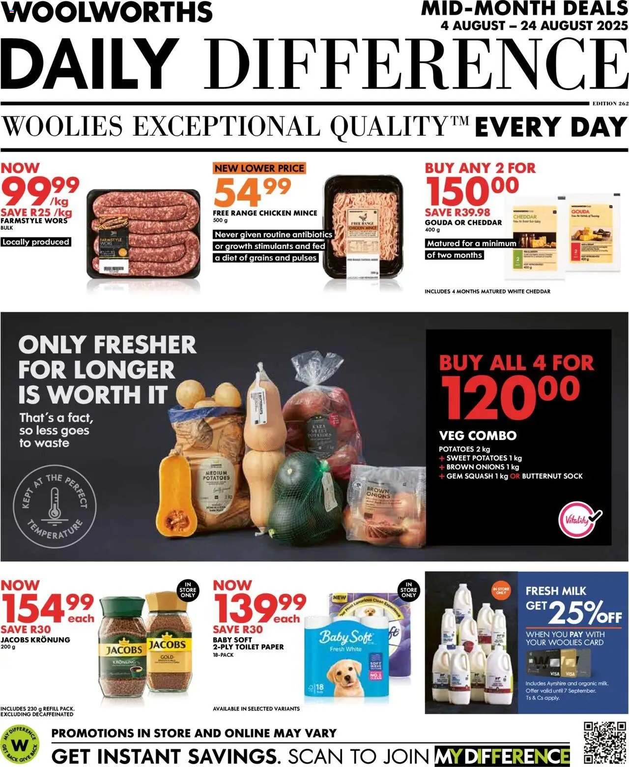 Woolworths Daily Difference - Gauteng │ valid from 04.08.2025 | Page: 1 | Products: Squash, Chicken, Potatoes, Toilet paper