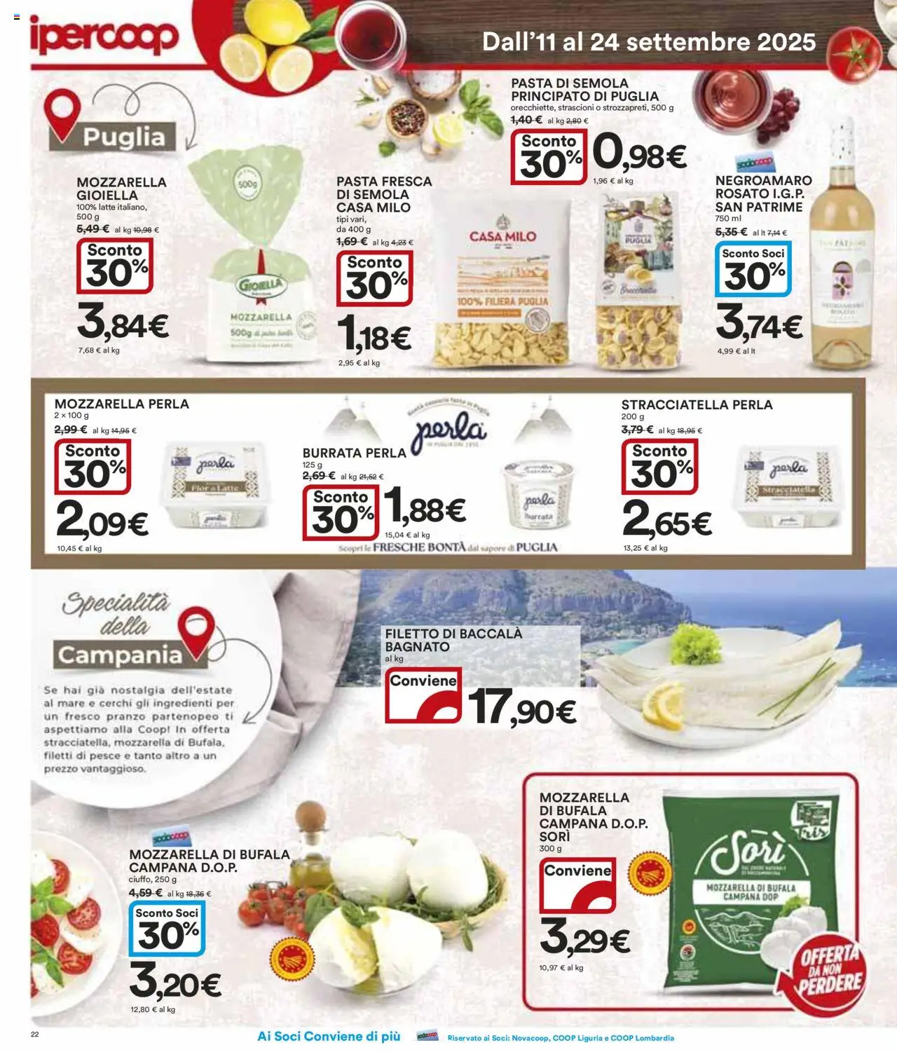 Volantino Ipercoop del 11.09.2025 | Pagina: 22 | Prodotti: Pesce, Pasta, Burrata, Stracciatella