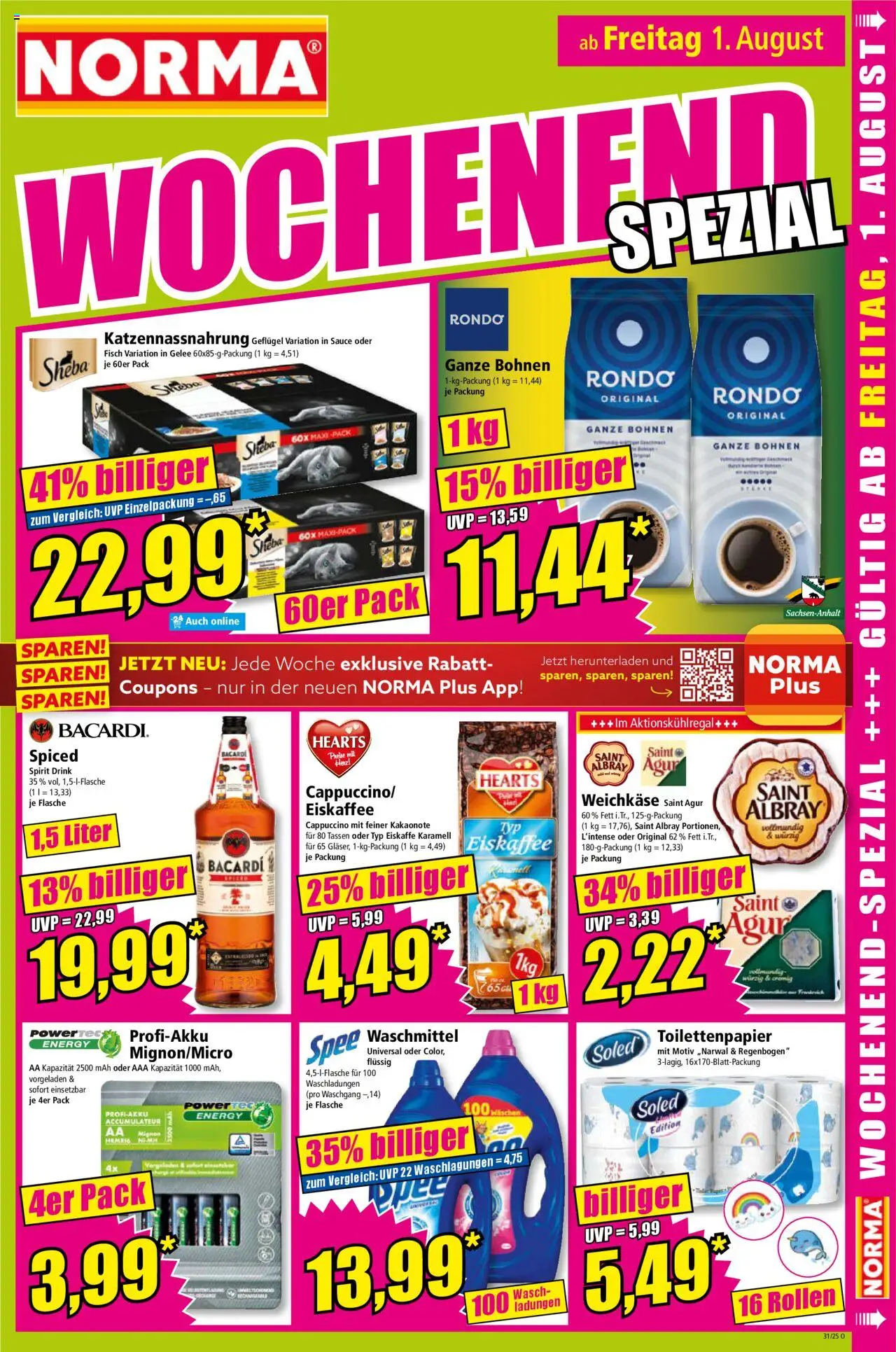 Norma Prospekt 	 - gültig ab dem 28.07.2025 | Seite: 15 | Produkte: Bacardi, Sheba, Waschmittel, Toilettenpapier