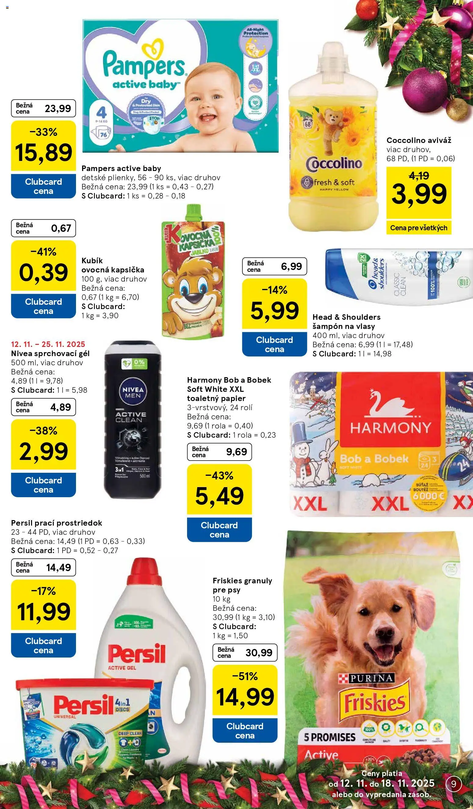 Nové Tesco akcie – leták je platný od 12.11.2025 | Strana: 9 | Produkty: Nivea, Friskies, Šampón, Pampers