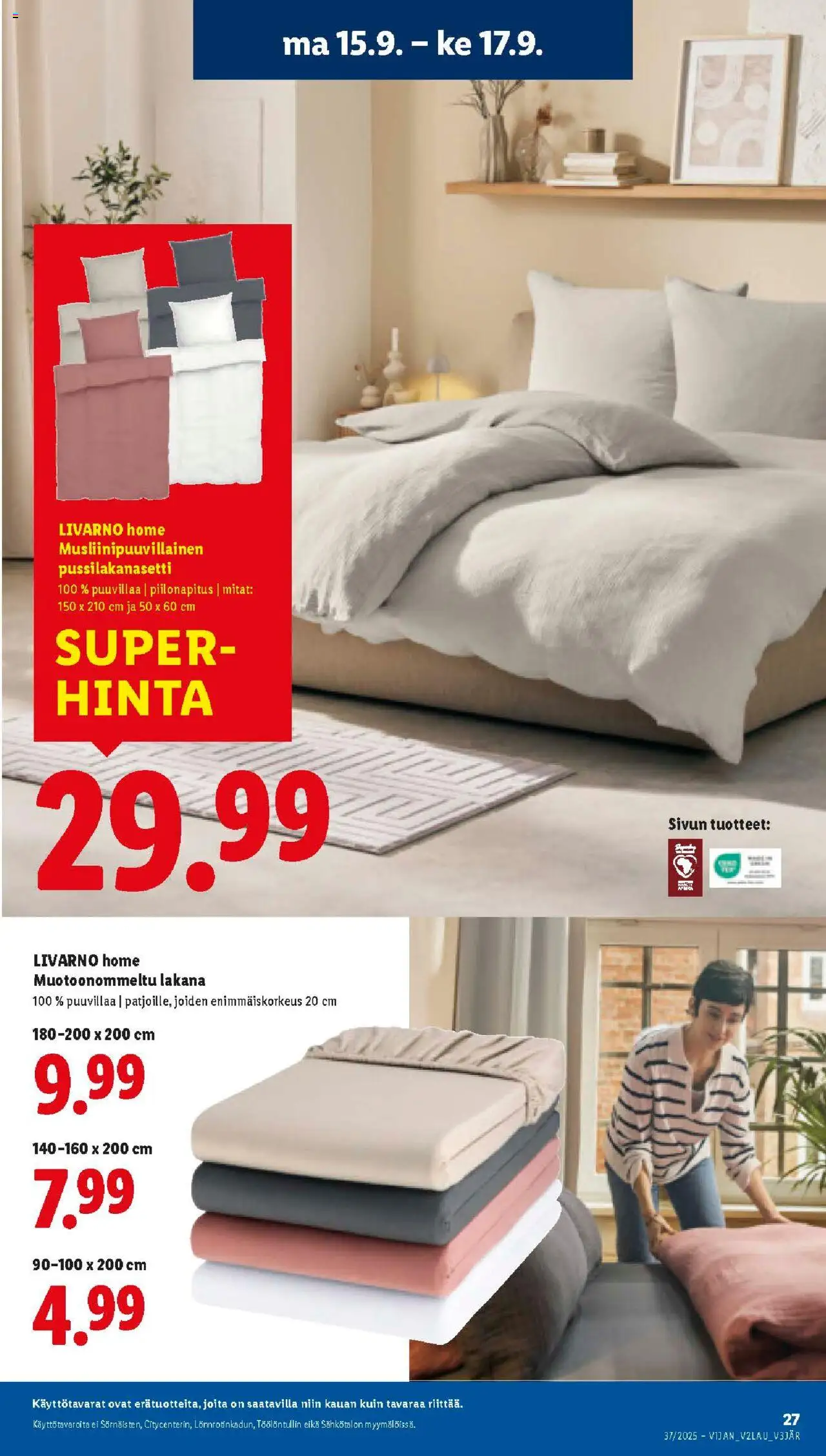 Lidl tarjoukset - Tampere – voimassa 11.09.2025 alkaen | Sivu: 27 | Tuotteet: Pussilakanasetti, Lakana