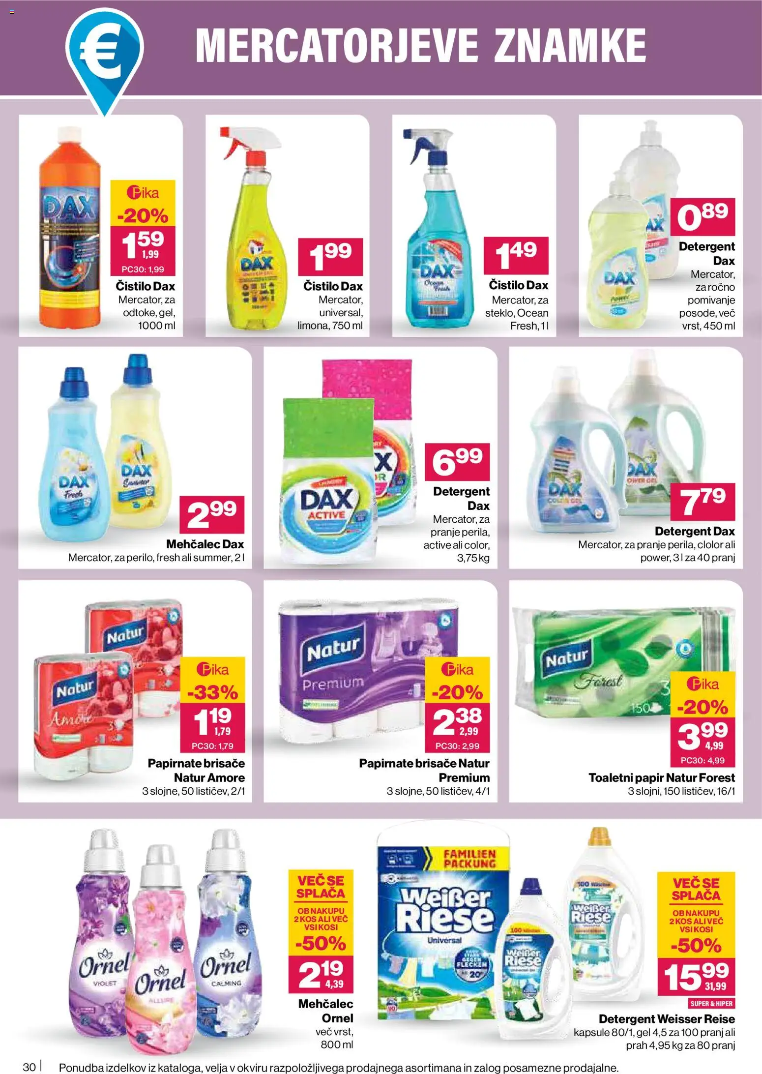 Novi Mercator katalog ponudbe – veljaven od 26.02.2026 | Stran: 30 | Izdelki: Mehčalec, Papirnate brisače, Kos, Detergent