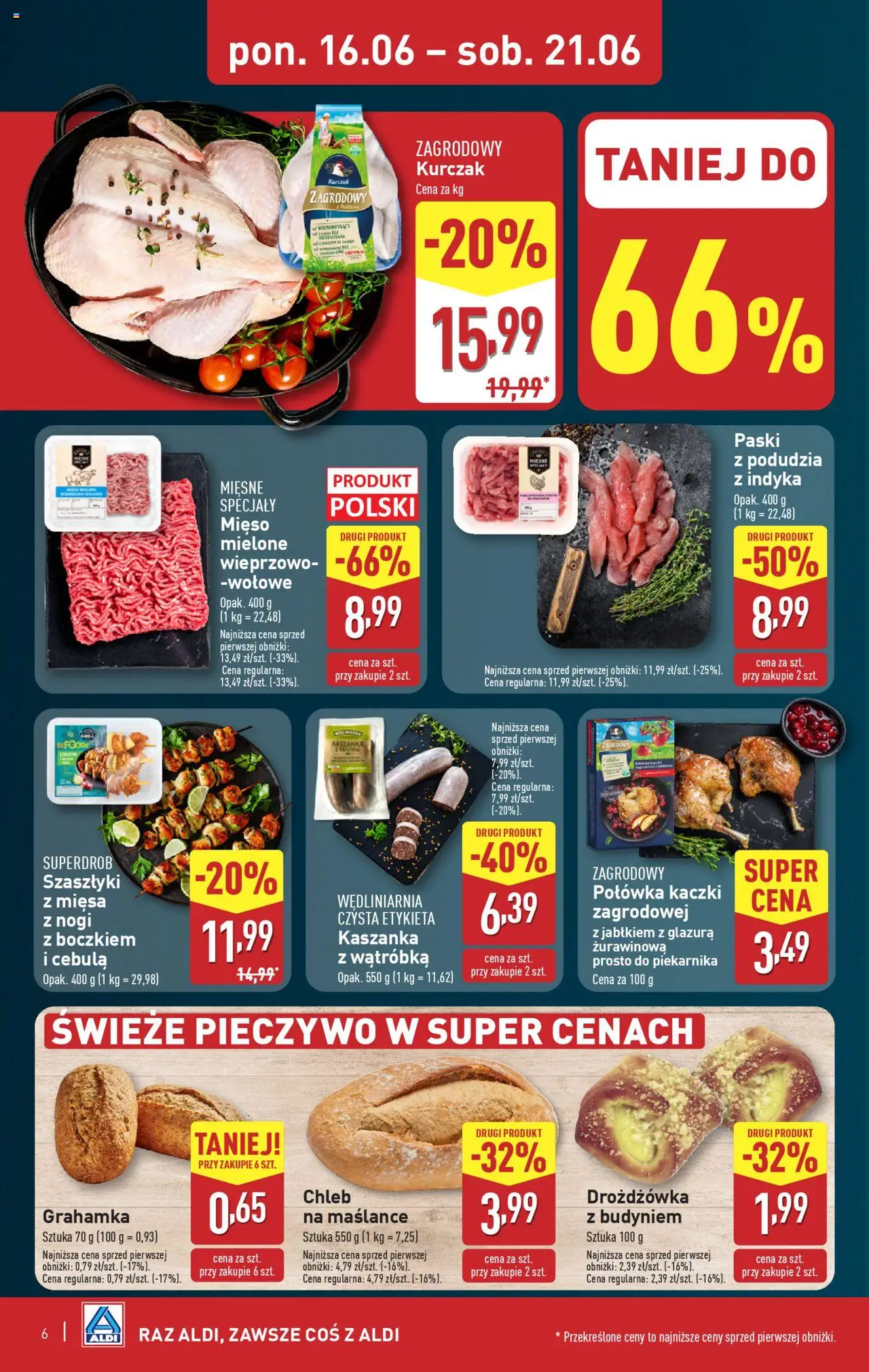 Aldi Gazetka od 16.06.2025 | Strona: 6 | Produkty: Drożdżówka z budyniem, Wątróbka, Mięso mielone, Kurczak zagrodowy