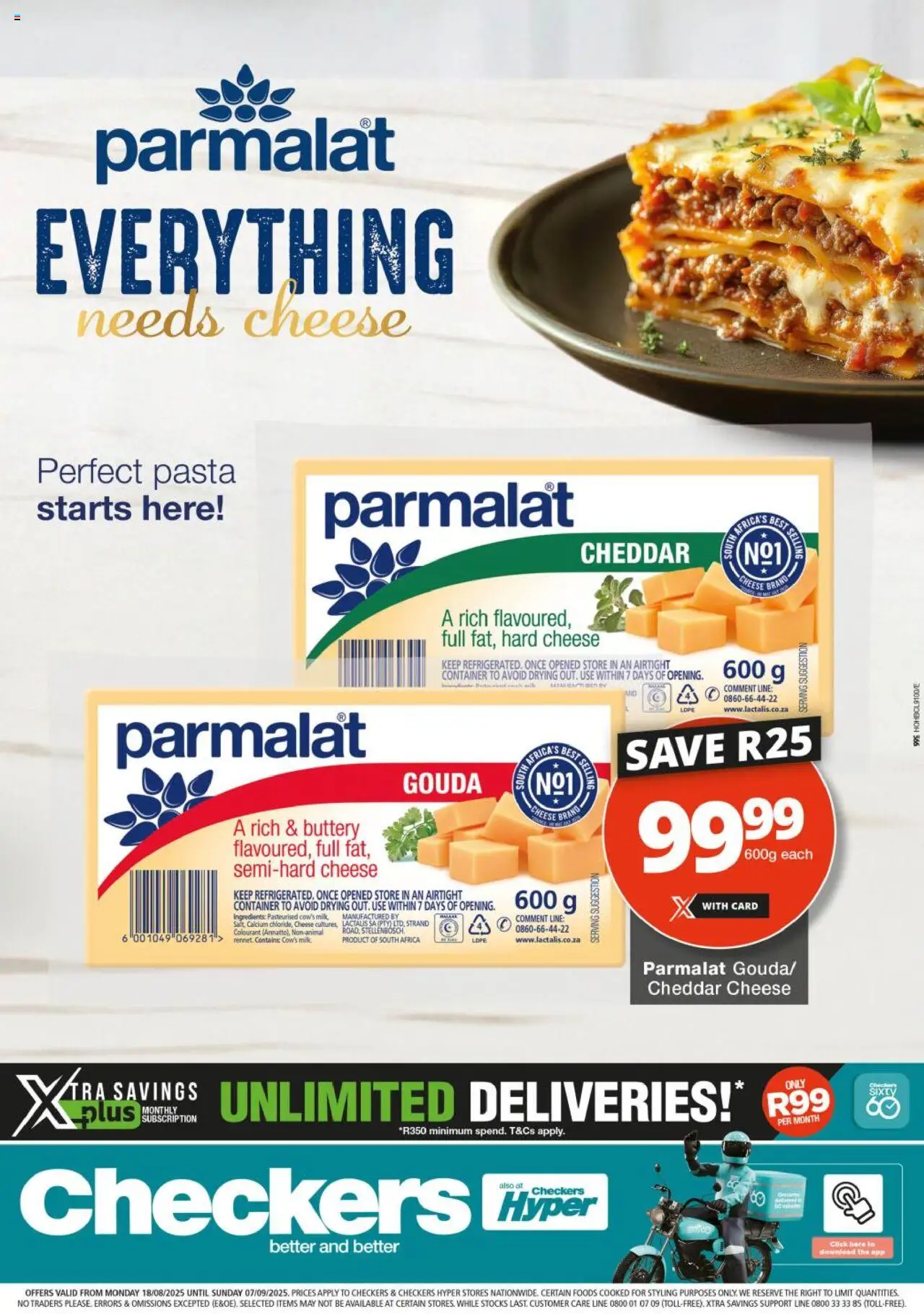 Checkers - Parmalat Promotion │ valid from 18.08.2025 | Page: 1 | Products: Cheese, Pasta