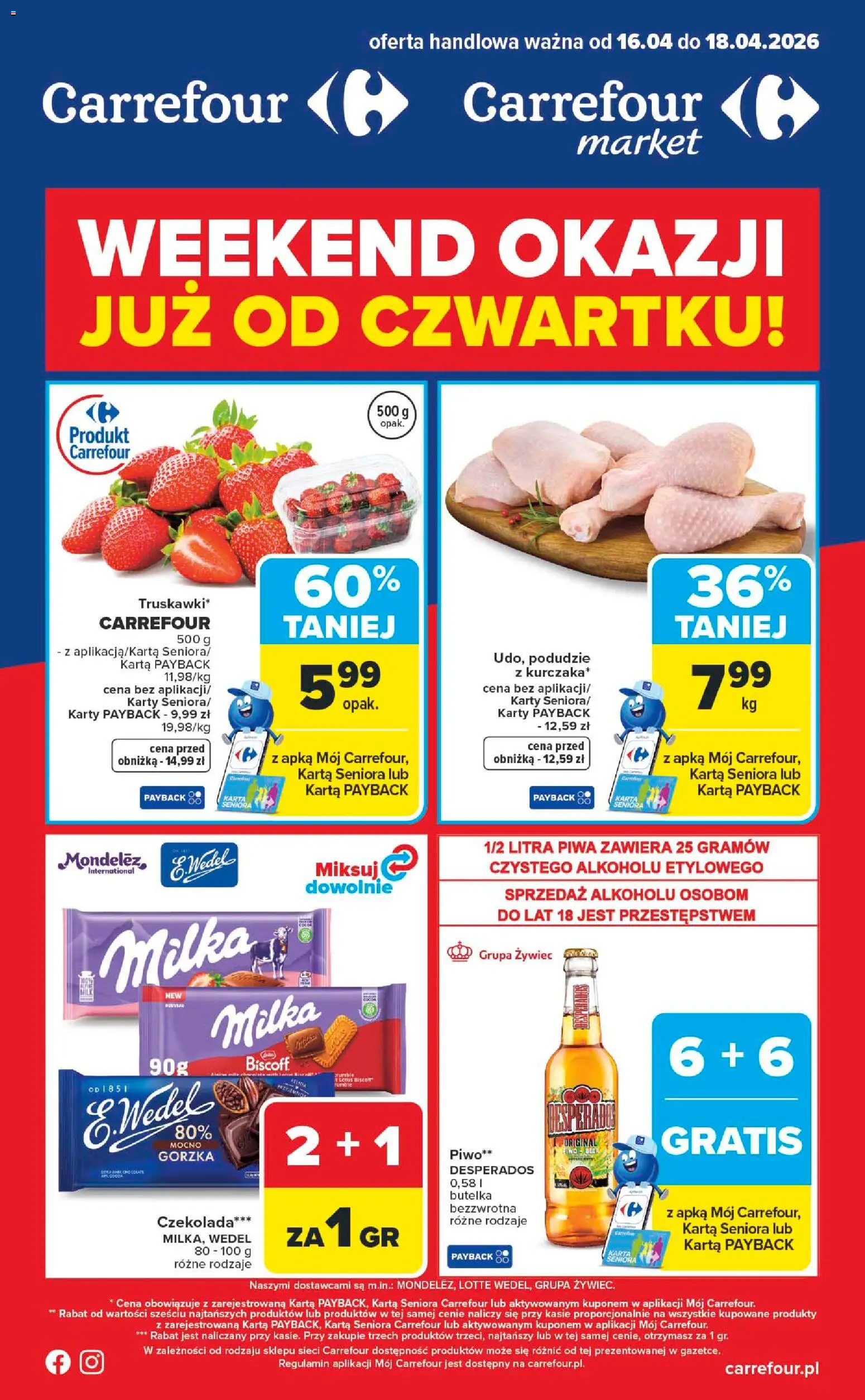 Carrefour gazetka - Weekend okazji od 16.04.2026 | Strona: 1 | Produkty: Karta, Milka, Czekolada, Piwo