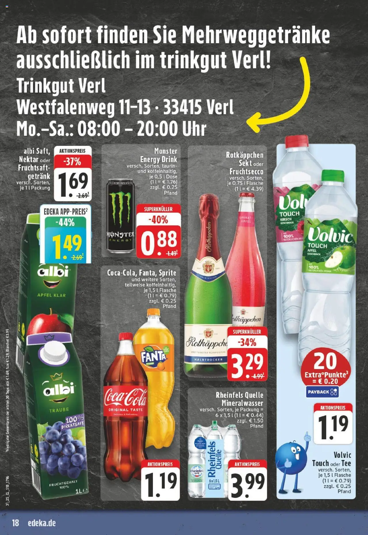 Edeka prospekt Verl	 - gültig ab dem 27.07.2025 | Seite: 18 | Produkte: Volvic touch, Monster, Fruchtsaft, Rheinfels quelle