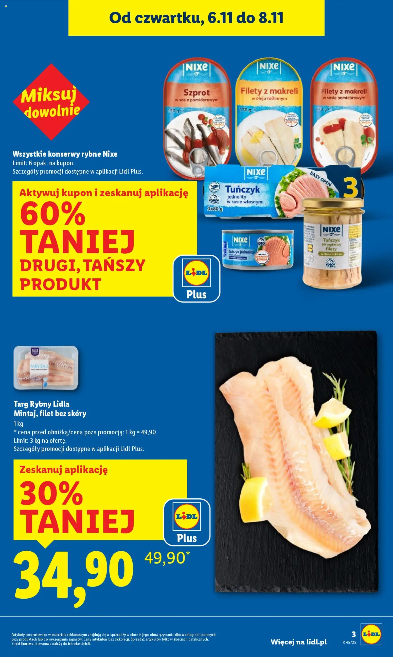 Lidl Gazetka od 06.11.2025 | Strona: 3 | Produkty: Mintaj, Tuńczyk, Filety z makreli w sosie pomidorowym