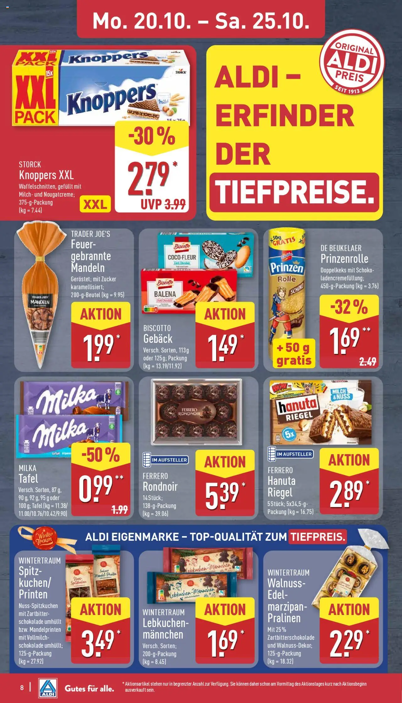 Aldi Prospekt 	 – gültig ab 20.10.2025 | Seite: 8 | Produkte: Milch, Schokolade, Milka, Knoppers