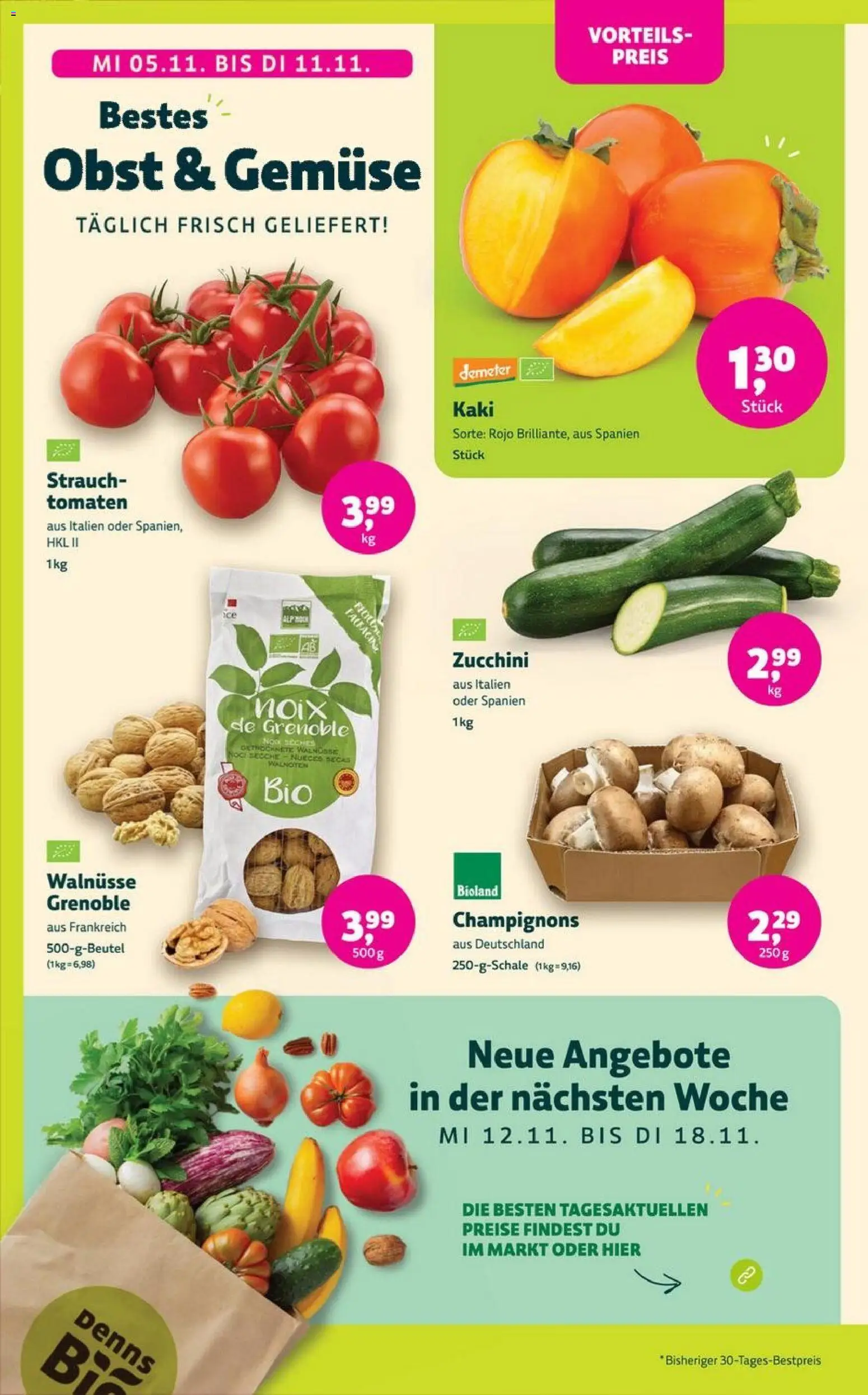 Denns BioMarkt Angebote – gültig ab 05.11.2025 | Seite: 4 | Produkte: Tomaten, Champignons, Gemüse, Obst