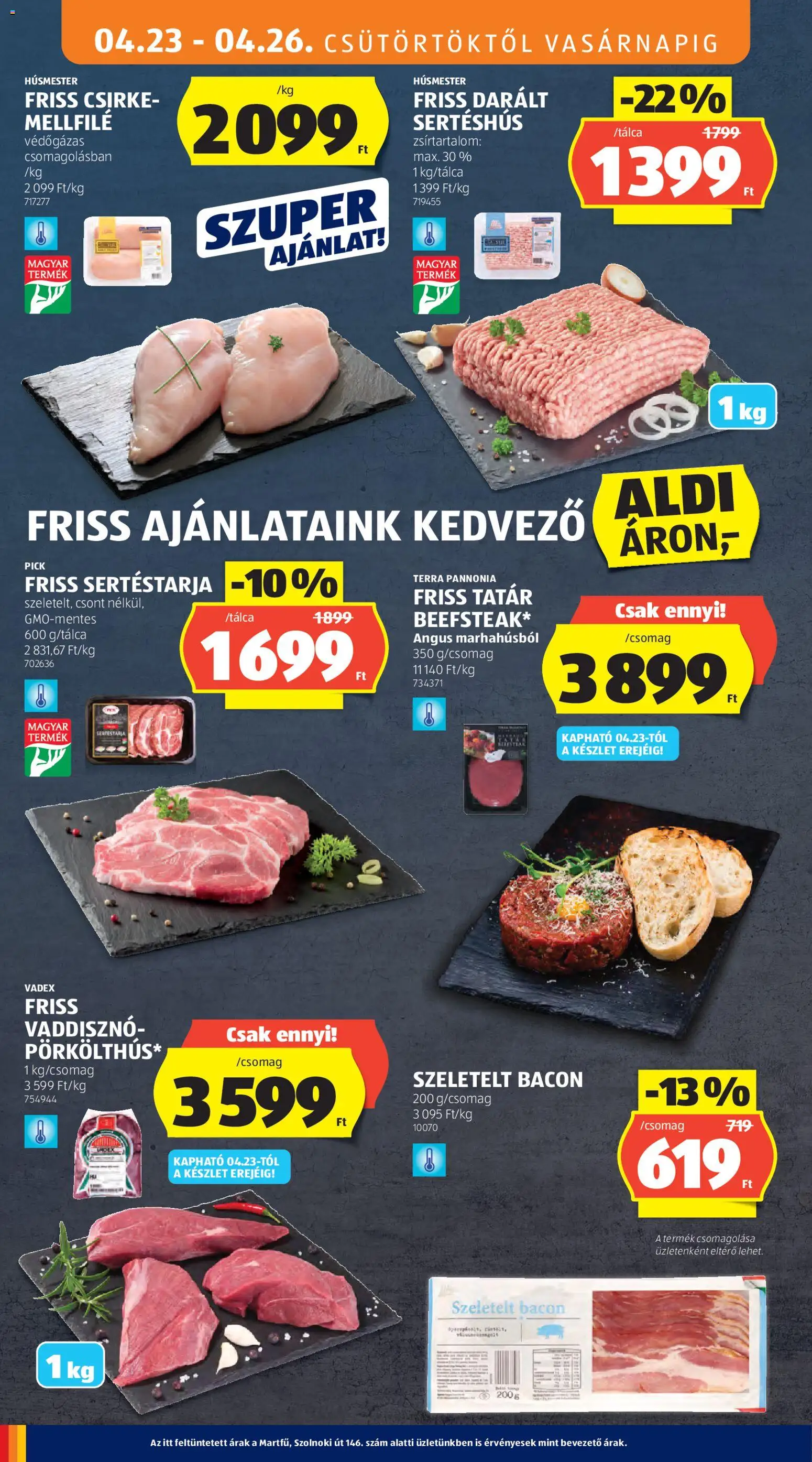 Aldi akciós ujság - amely érvényes a következő dátumtól: 23.04.2026 | Oldal: 6 | Termékek: Sertéstarja, Pick, Szeletelt bacon, Bacon