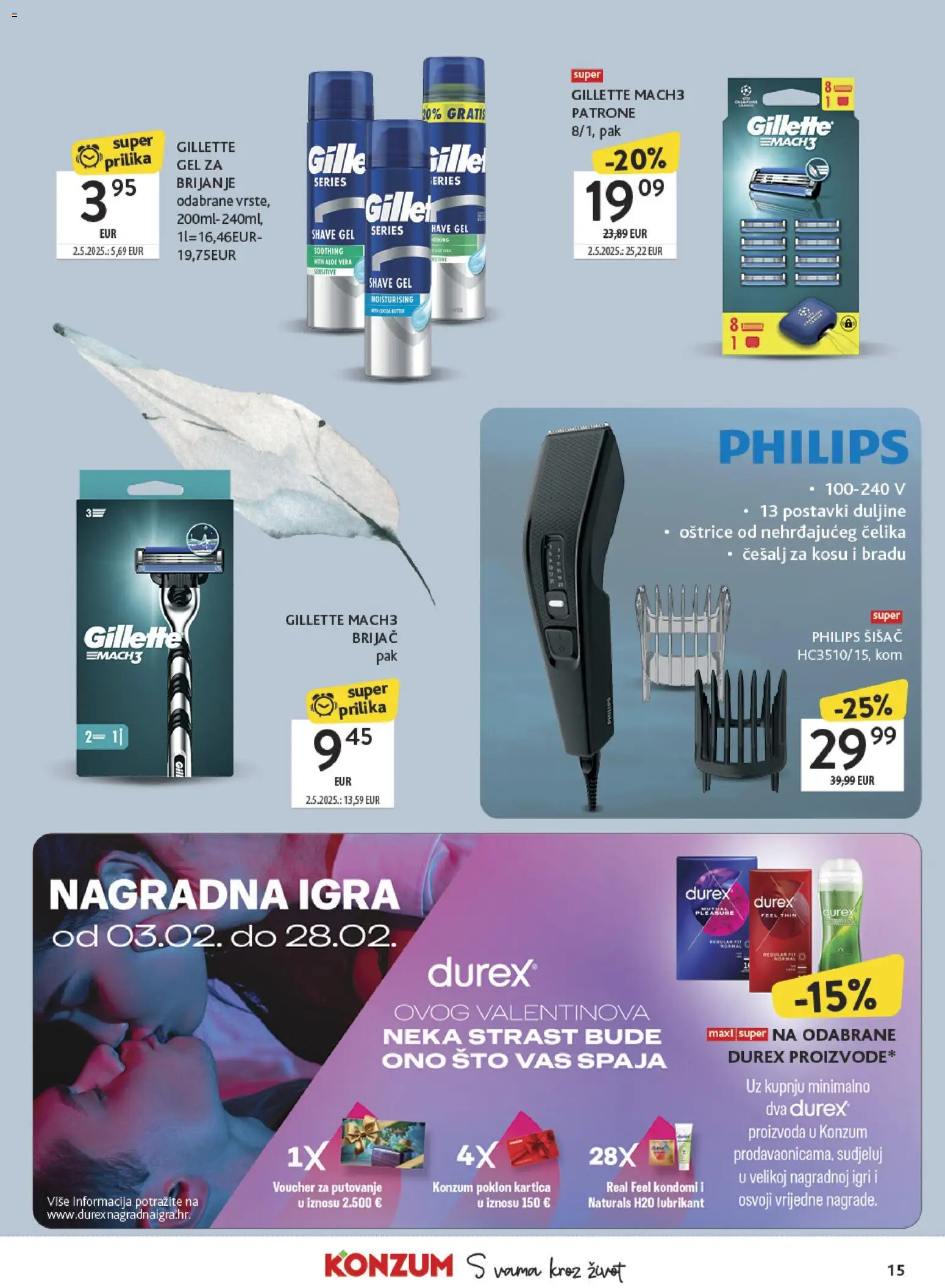 Konzum katalog | vrijedi od 03.02.2026 | Stranica: 15 | Proizvodi: Lubrikant, Gel za brijanje, Brijač, Igra