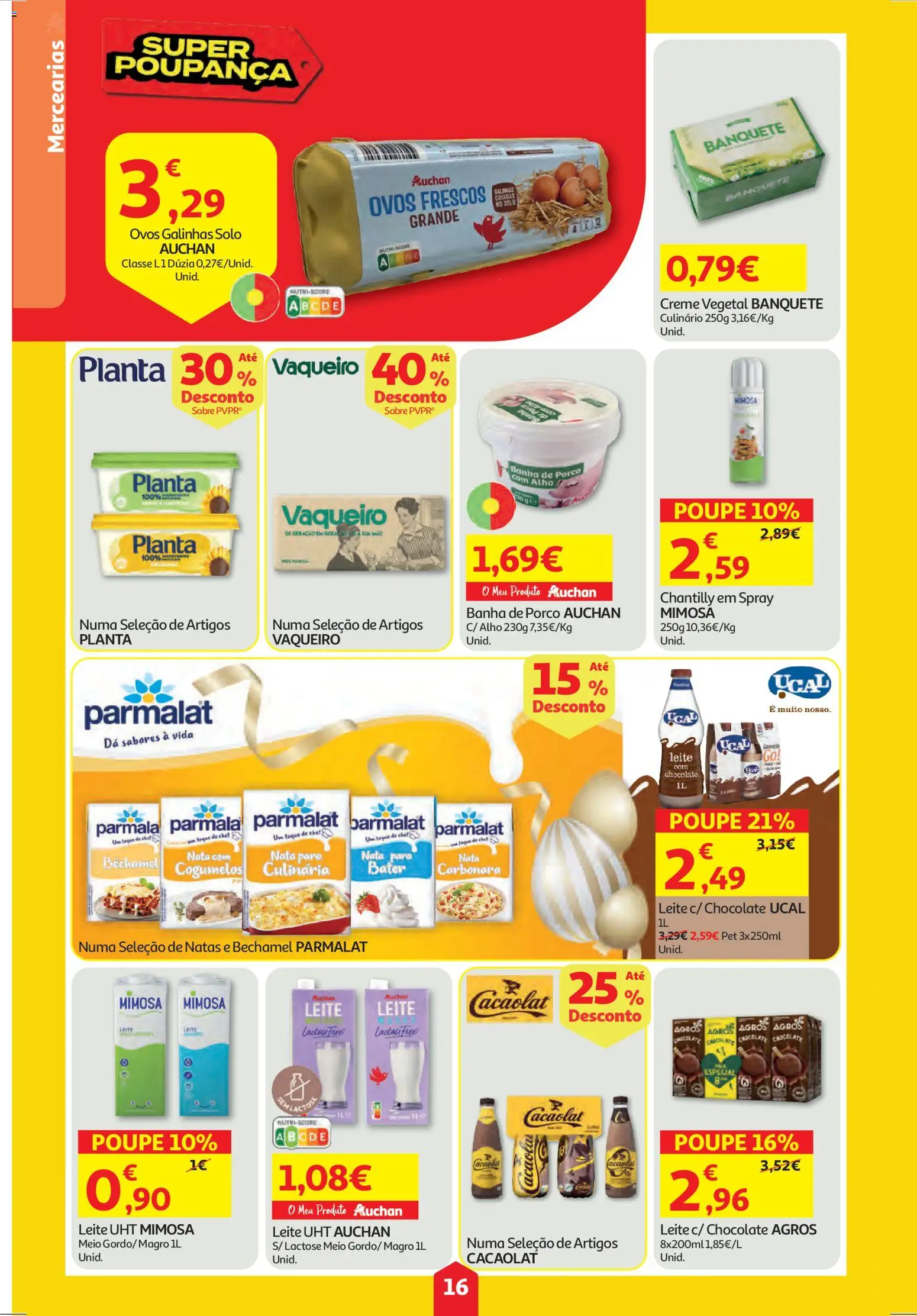 Auchan folheto │ válido de 19.03.2026 | Página: 16 | Produtos: Leite, Chocolate, Cogumelos, Natas