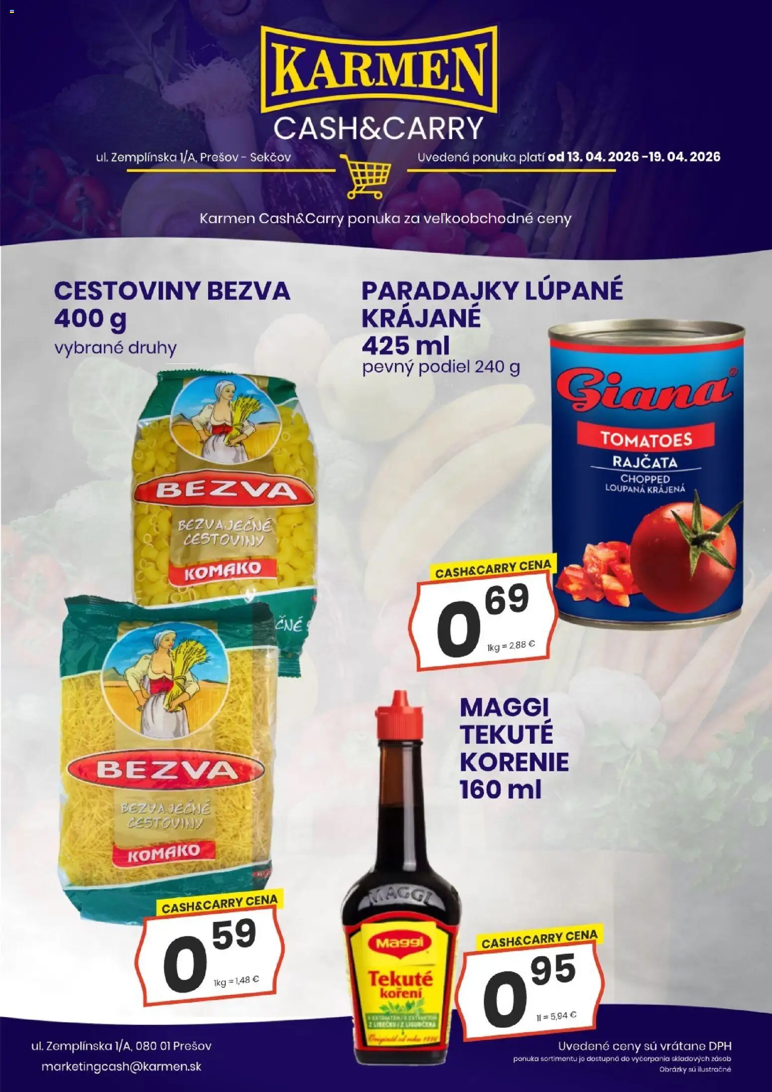Nové KARMEN CBA akcie – leták je platný od 13.04.2026 | Strana: 3 | Produkty: Paradajky, Cestoviny, Korenie
