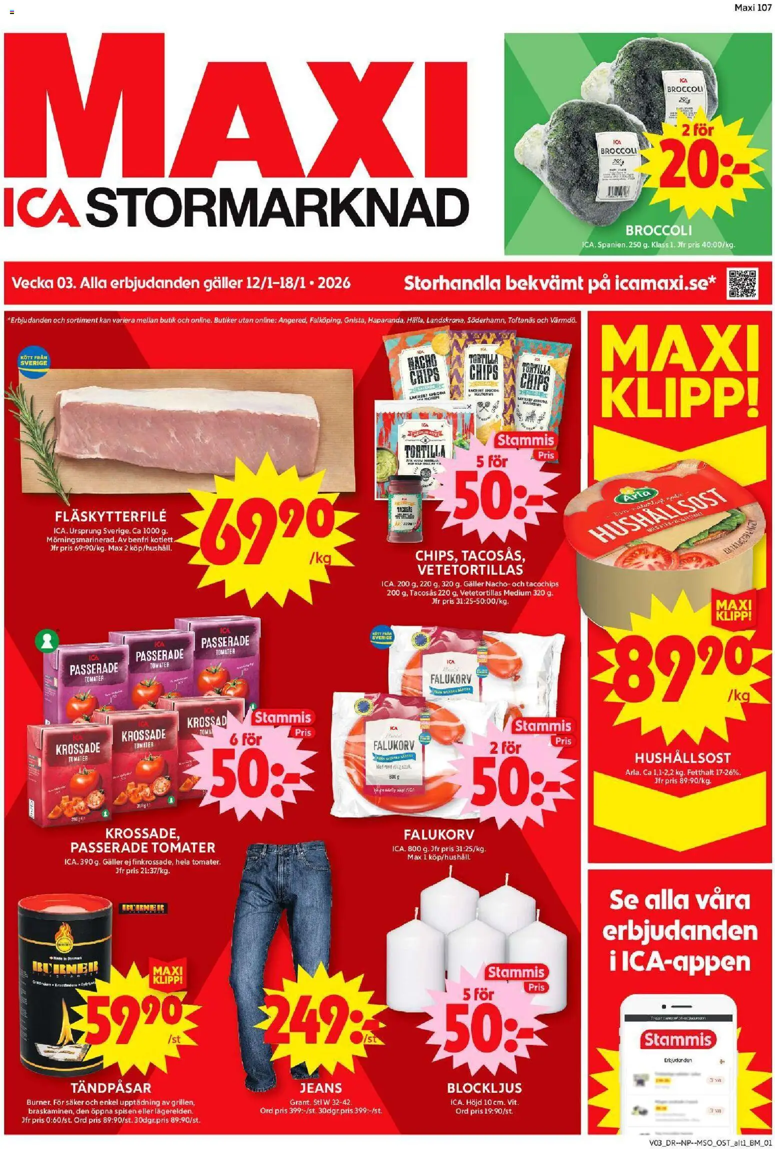ICA Maxi reklamblad aktuell från 12.01.2026 | Sida: 1 | Produkter: Tacosås, Chips, Hushållsost, Tomater