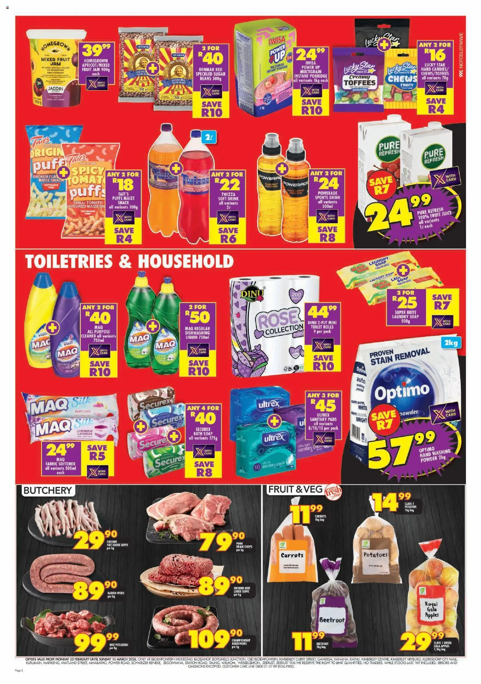 New Shoprite catalogue – valid from 23.02.2026 | Page: 2 | Products: Sweets, Bag, Toilet, Chilli