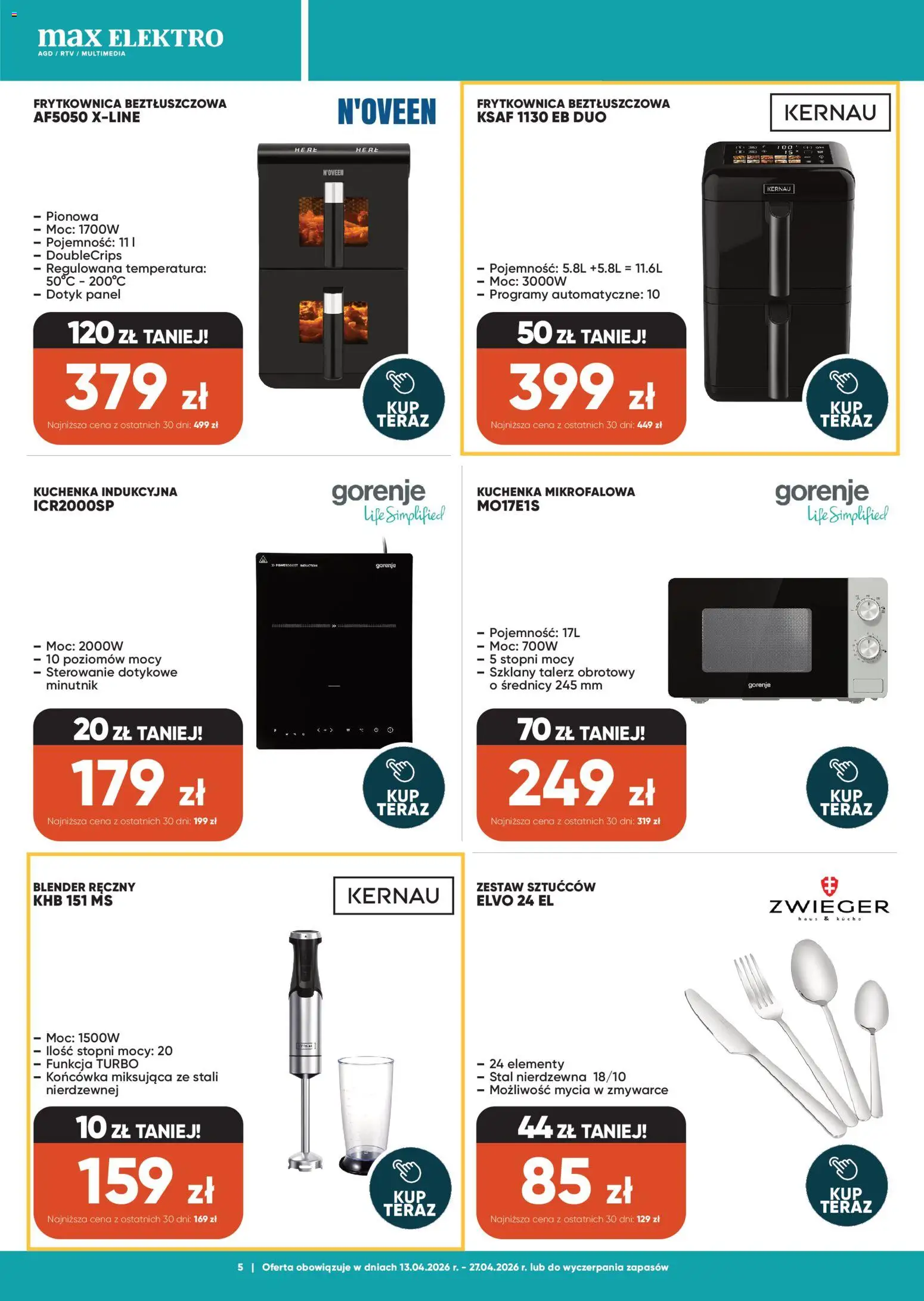 Max elektro gazetka od 13.04.2026 | Strona: 5 | Produkty: Kuchenka, Frytkownica, Frytkownica beztłuszczowa, Blender