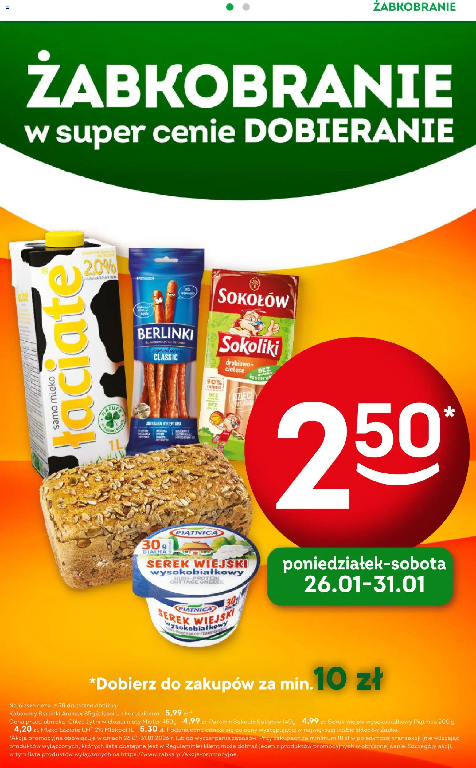 Żabka Gazetka - Codzienne produkty od 28.01.2026 | Strona: 2 | Produkty: Serek, Chleb żytni, Parówki sokoliki, Chleb