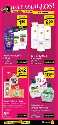 Palmolive en Unicura handzeep, m.u.v. blokzeep, navulzakken en grootformaten 6 stuks - Voorbeeld van een folder van Etos, geldig van 30.03.2026 | Pagina: 15 | Producten: Fles, Douche, Handzeep, Douchegel