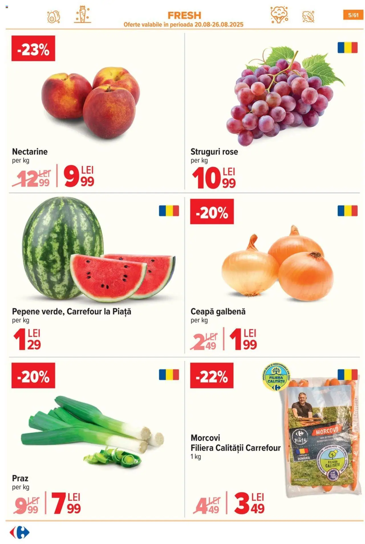Catalog Carrefour – valabil de la 20.08.2025 | Pagină: 6 | Produse: Struguri, Ceapă galbenă, Morcovi, Ceapă