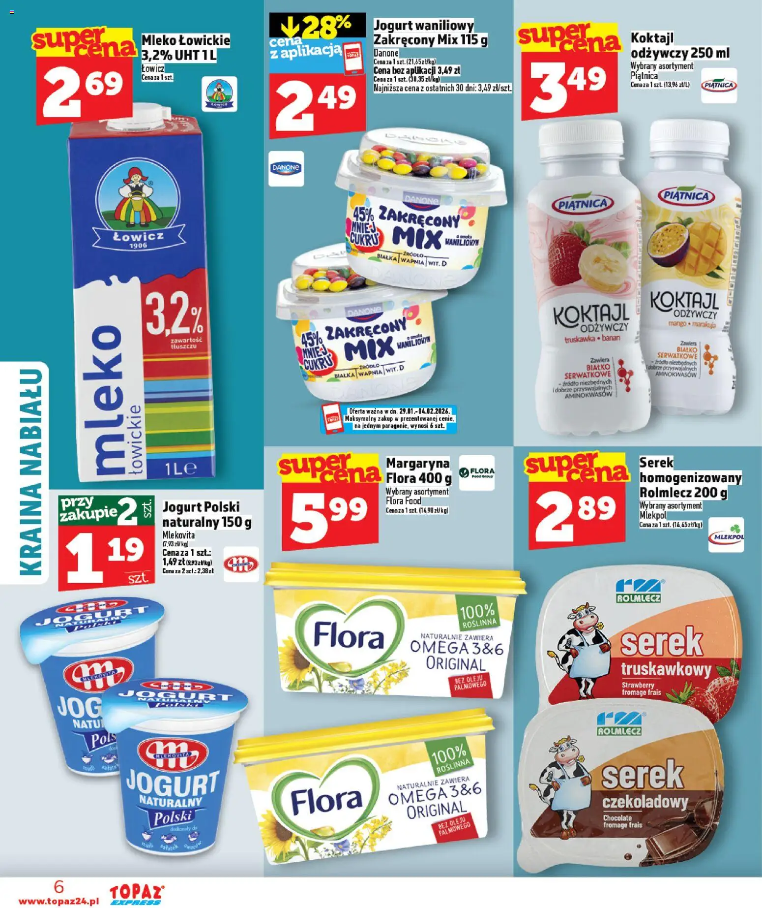 Topaz Gazetka - Express od 29.01.2026 | Strona: 6 | Produkty: Jogurt waniliowy, Serek, Margaryna, Jogurt