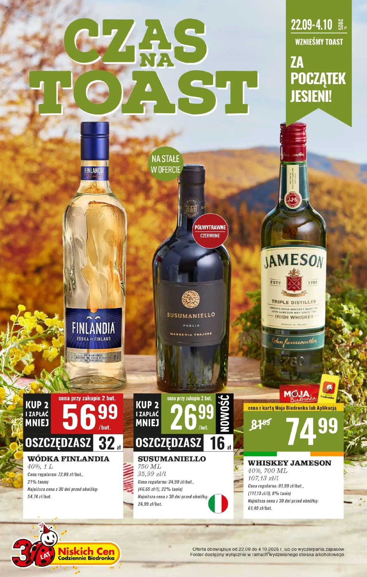 Biedronka gazetka - Czas na toast od 22.09.2025 | Strona: 1 | Produkty: Karta, Wódka finlandia, Jameson, Vodka